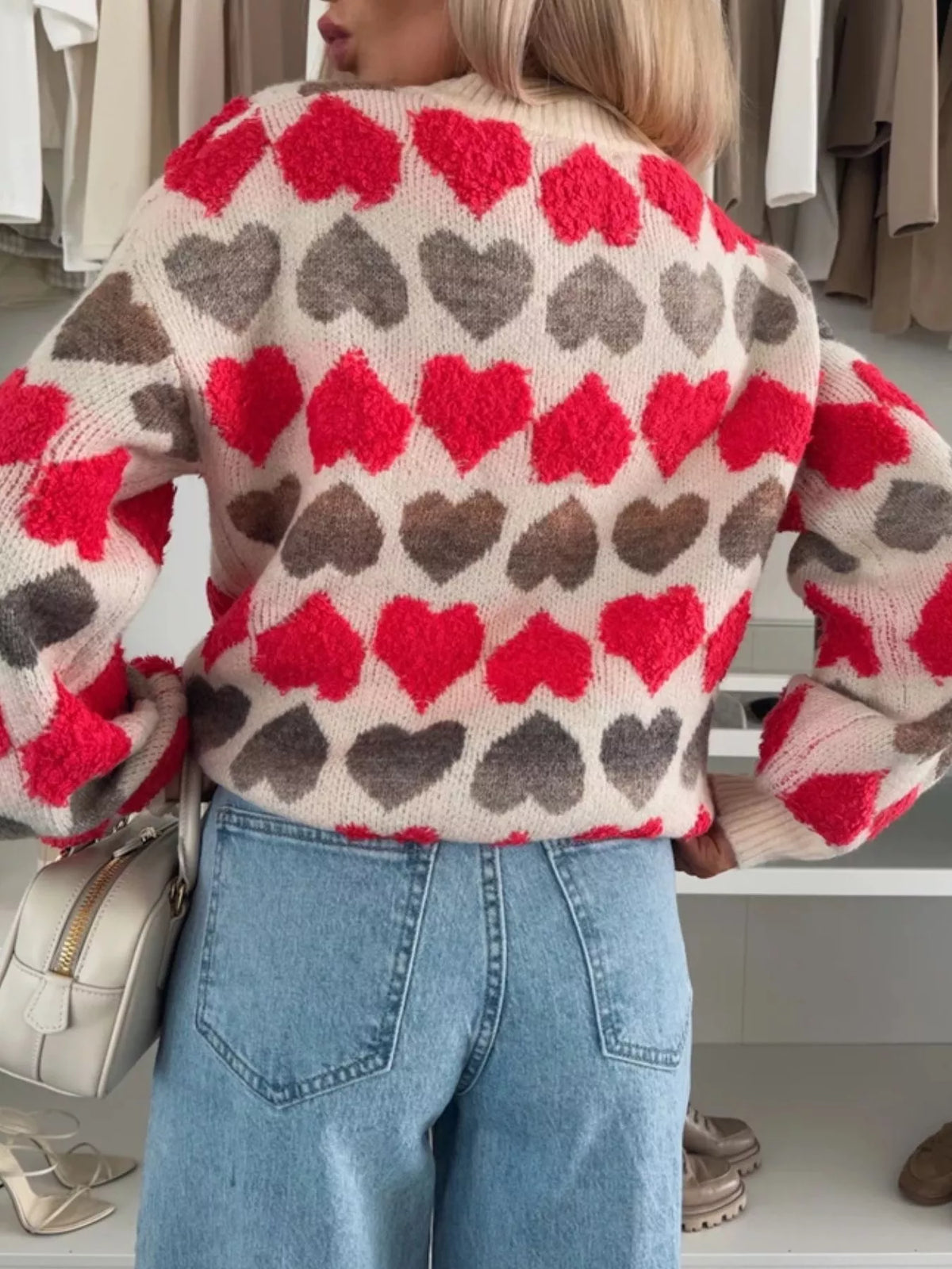 Heart-Patterned Round Neck Sweater