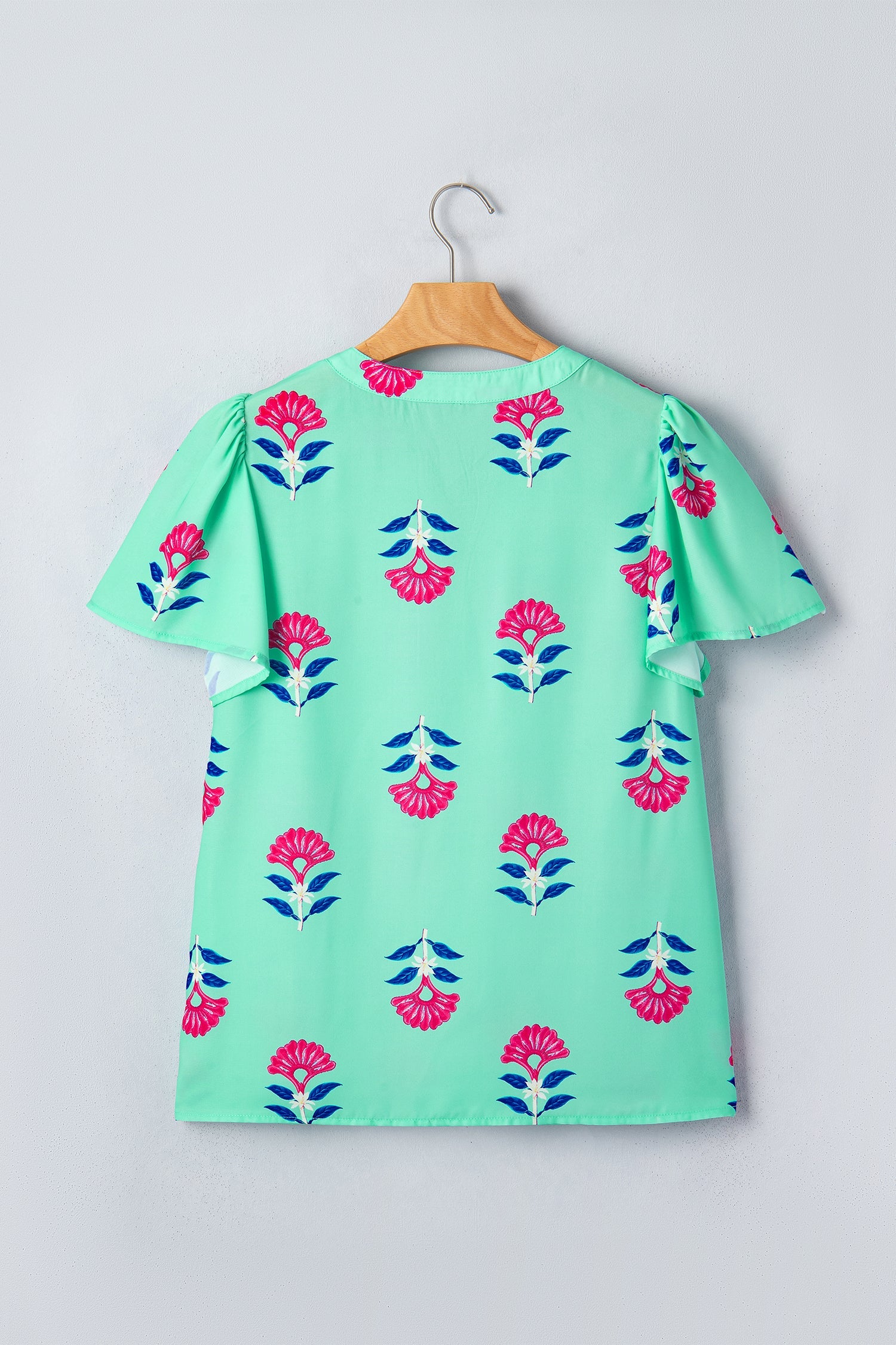Green Floral V Neck Flutter Sleeve Blouse