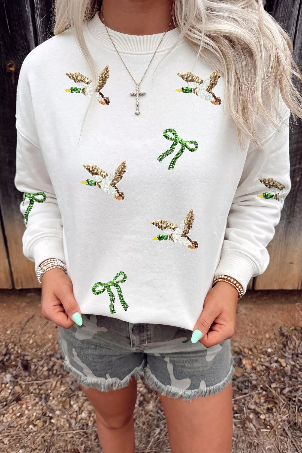Sequin Mallard Bow Crewneck Pullover Sweatshirt