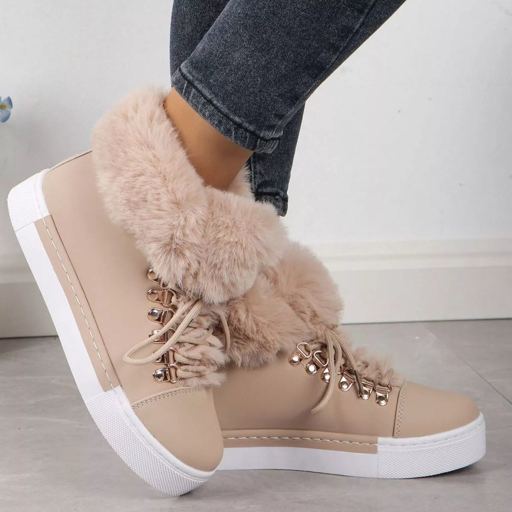 Fuzzy Trim Lace-Up Ankle Boots