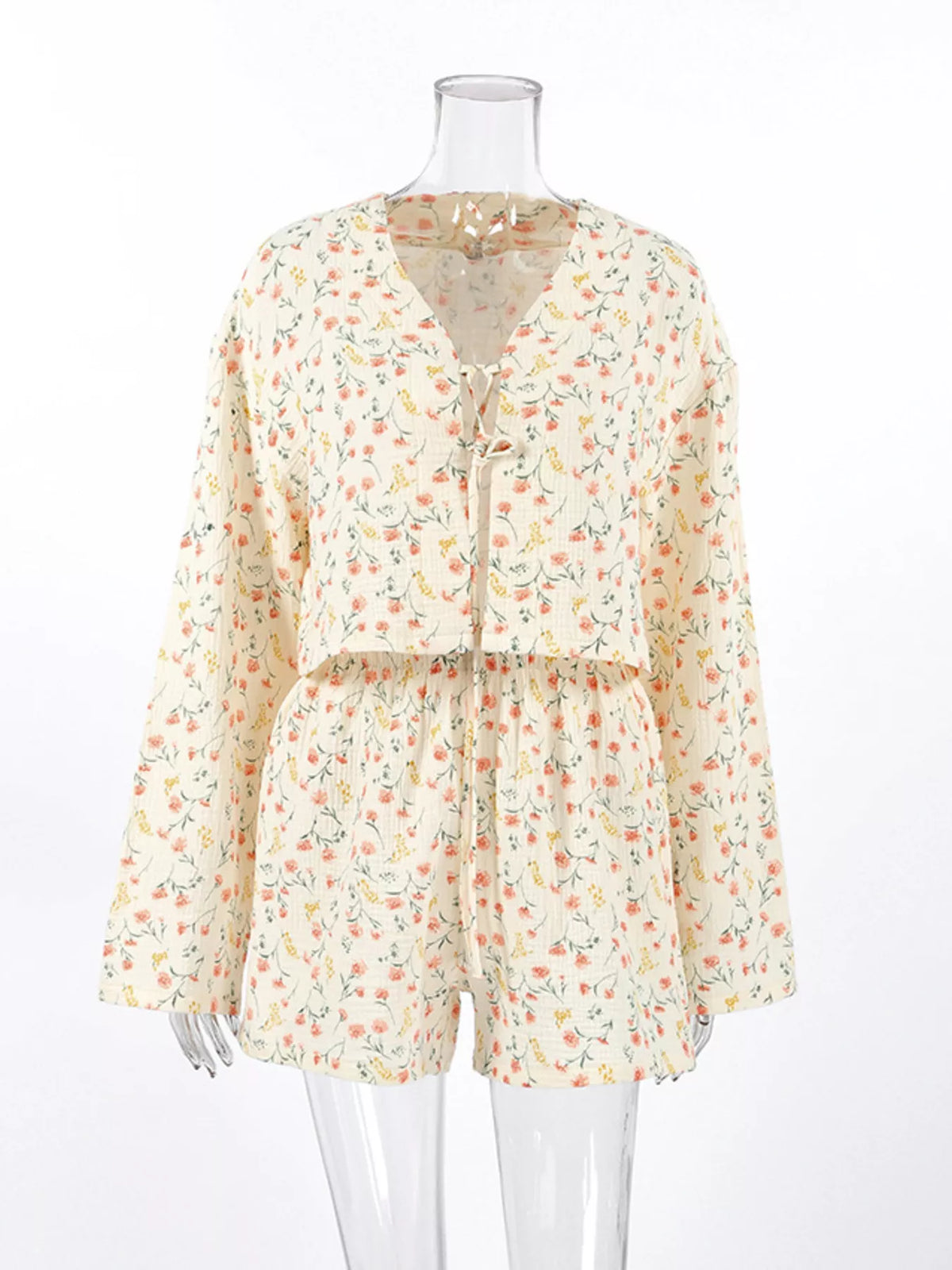 Floral Print Crinkle Texture Tie-Front Top and Shorts Set