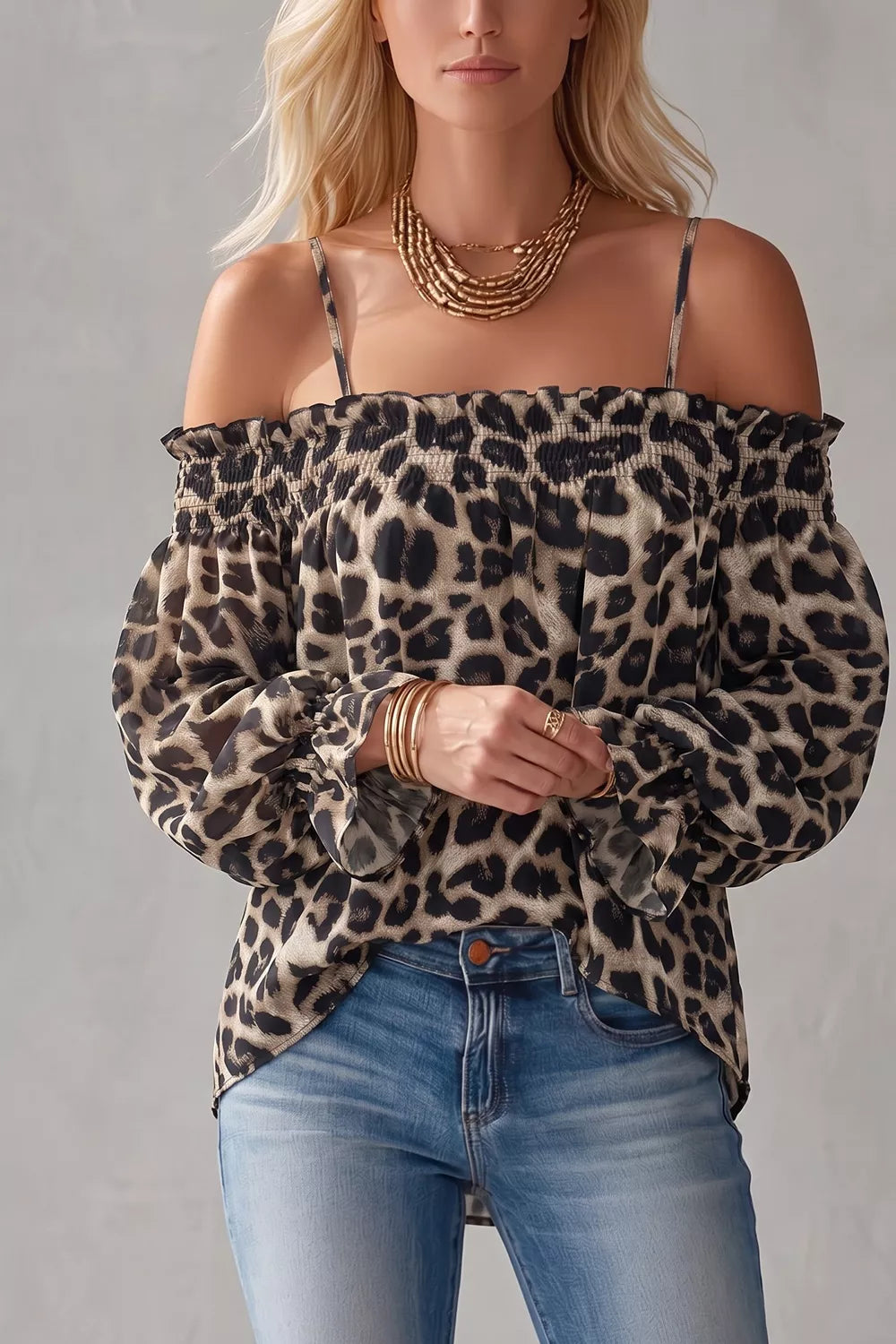 Spaghetti Strap Leopard Long Sleeve Blouse