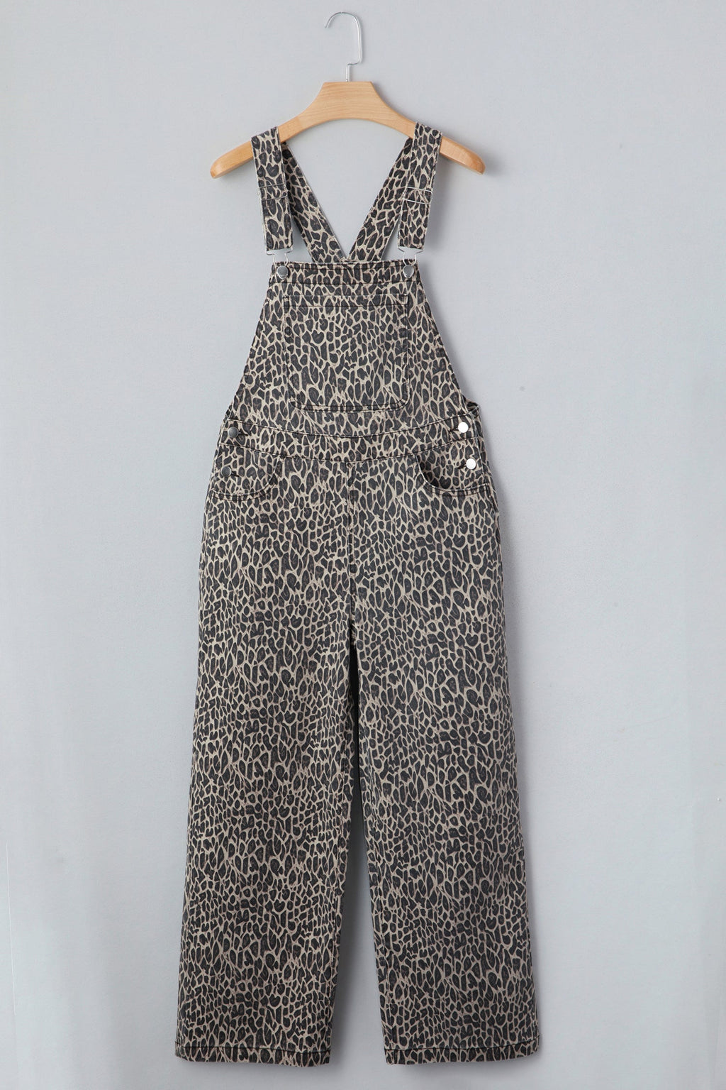 Leopard Denim Straight Leg Overall Jumpsuit
