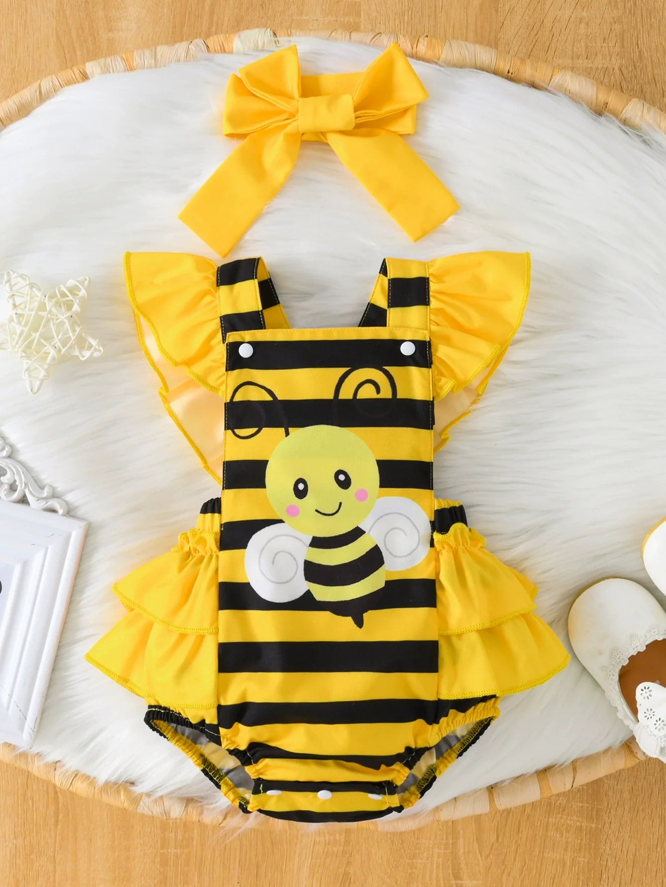 Children's Bee Striped Ruffle Bodysuit Dress with Headband