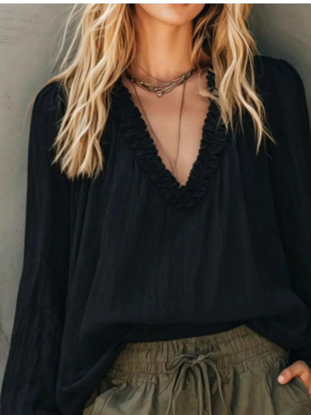 Frill V-Neck Long Sleeve Blouse