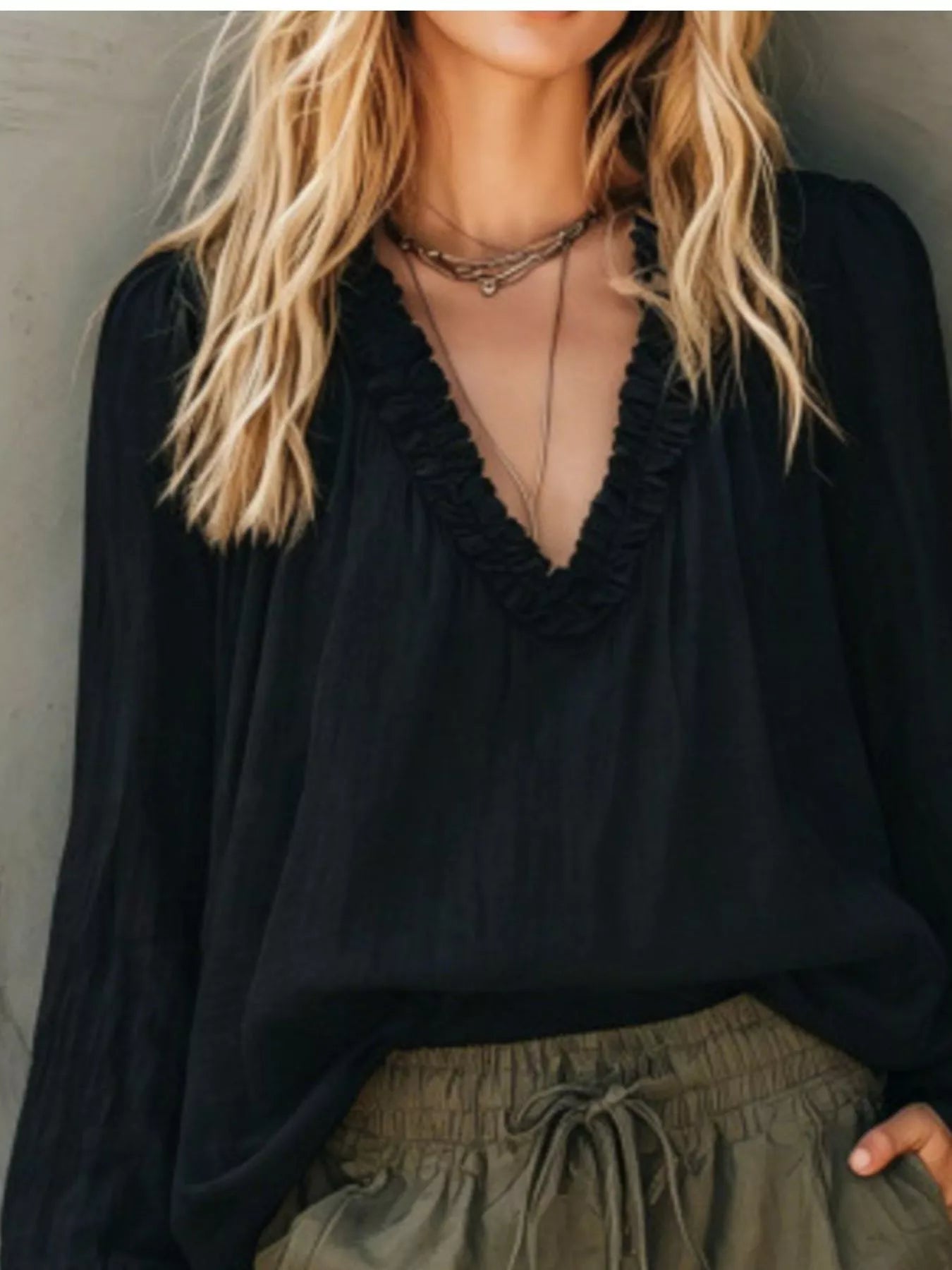 Frill V-Neck Long Sleeve Blouse