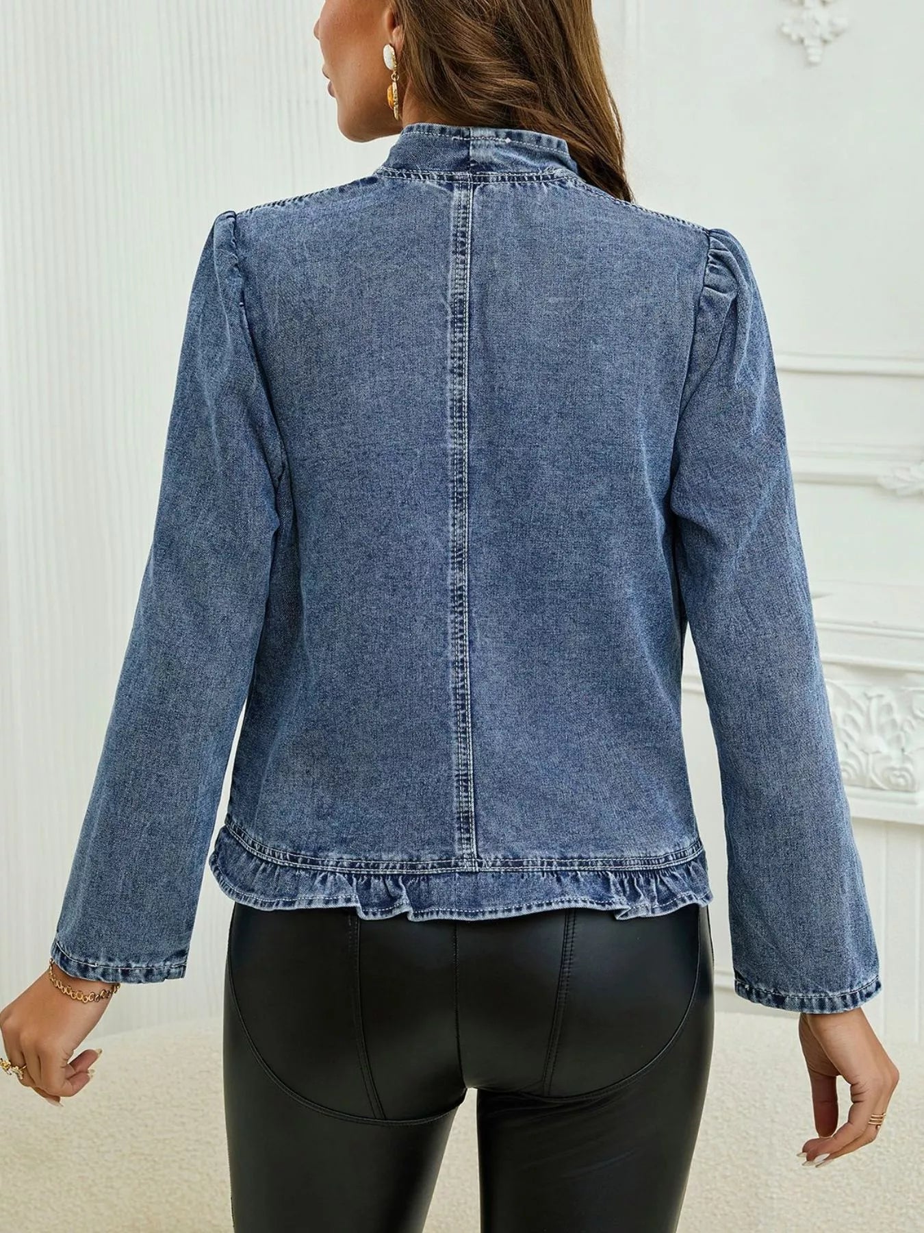 Open Front Ruffled Denim Jacket