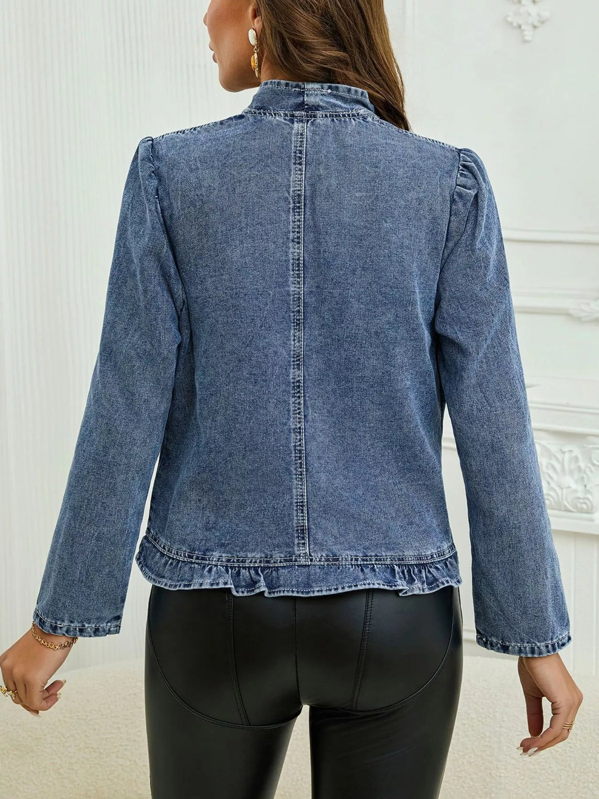 Open Front Ruffled Denim Jacket