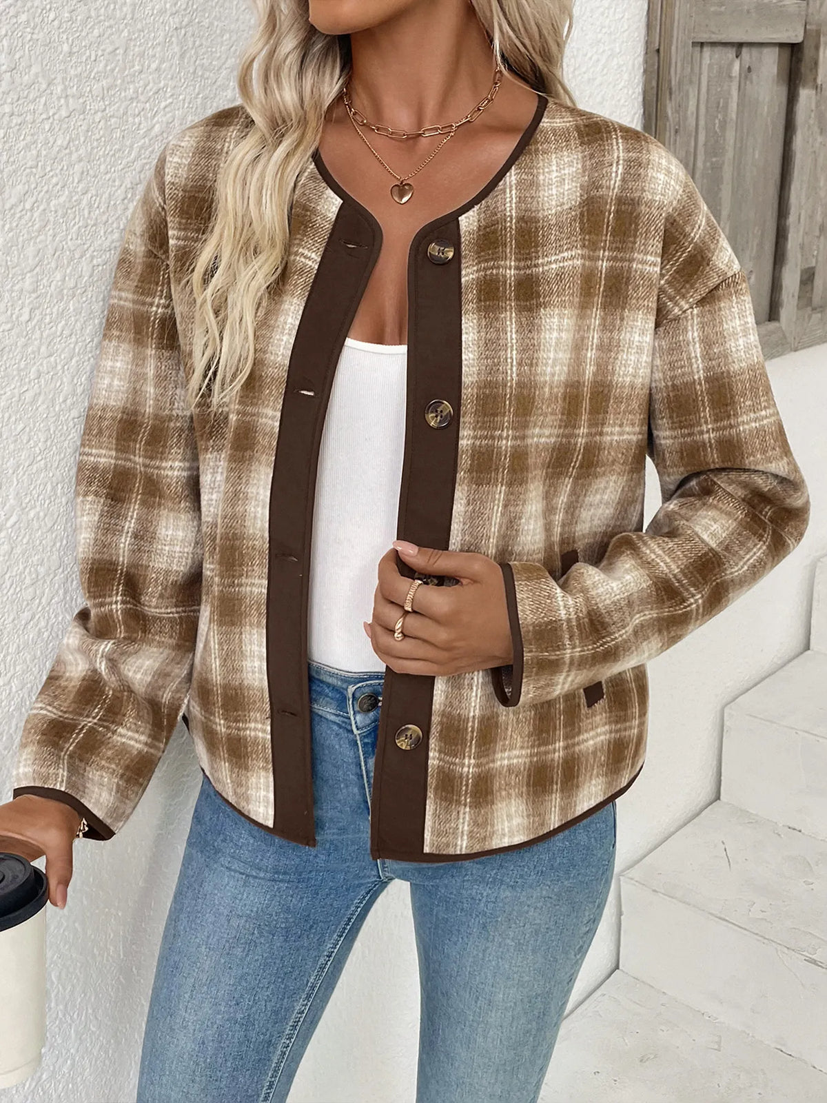 Unlined Plaid Button-Up Jacket with Chest Pockets