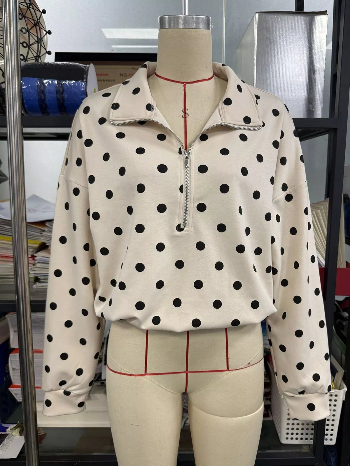 Polka Dot Half Zip Cropped Sweatshirt