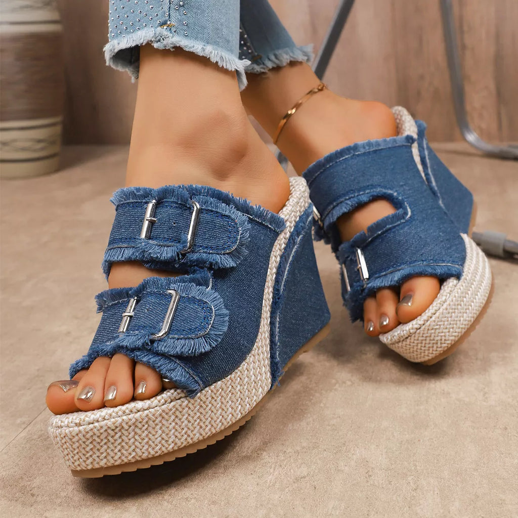 Double Buckle Wedge Sandals