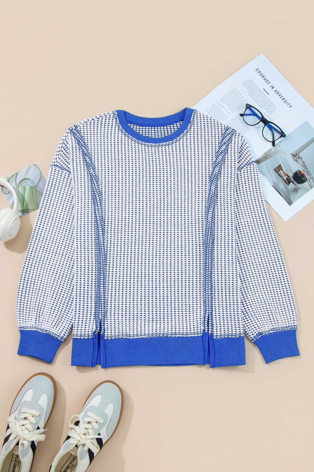 Waffle Knit Exposed Seam Side Slit Long Sleeve Top