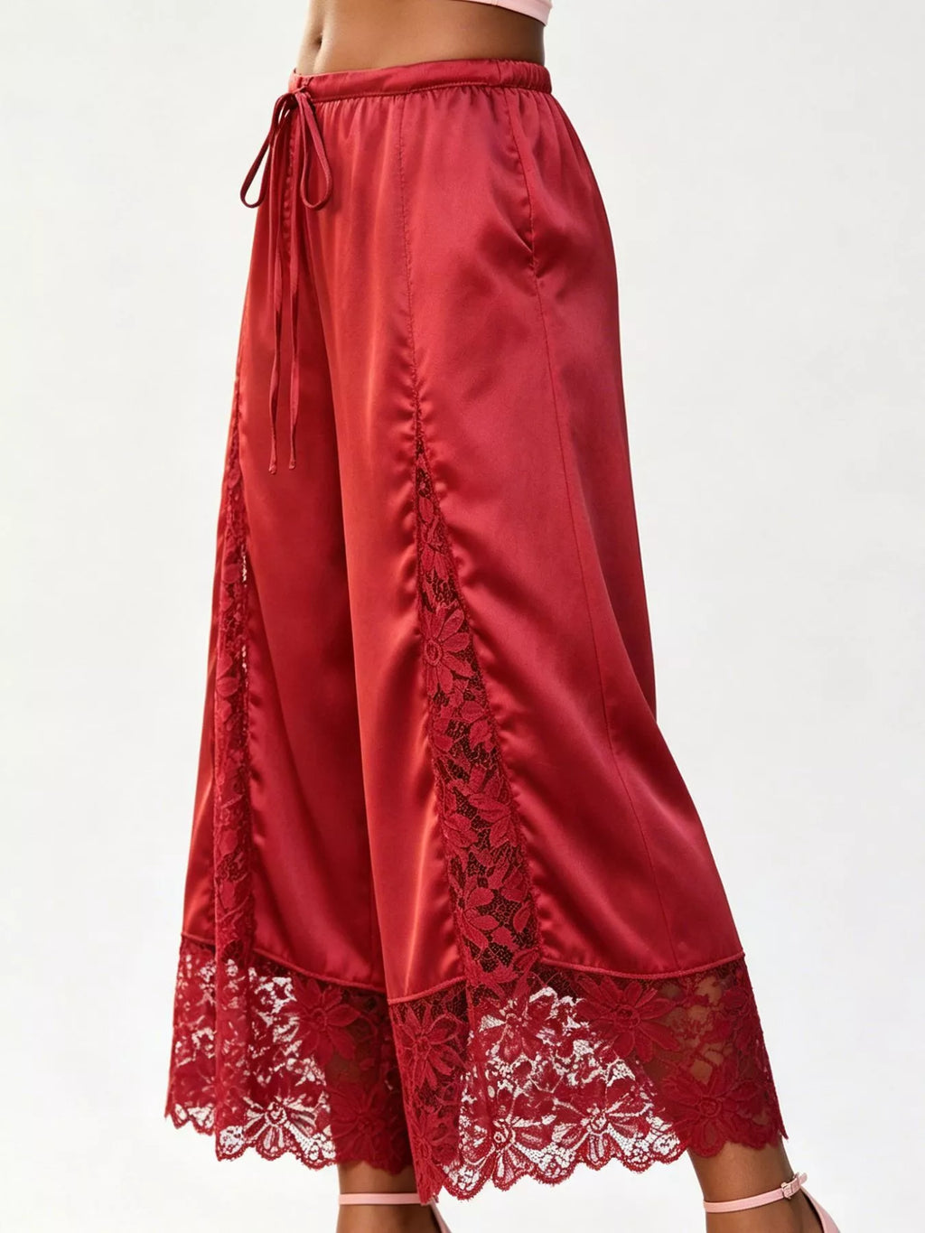 Lace Trim Wide-Leg Cropped Pants