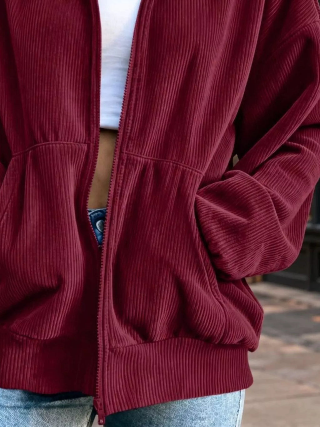Corduroy Zip-Up Dropped Shoulder Jacket