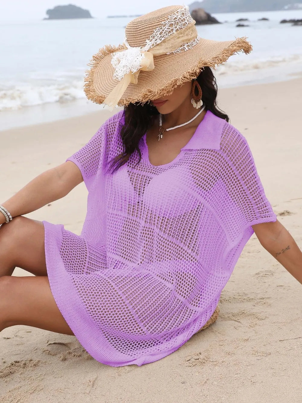 Hollow Out Collared Neck Openwork Sheer Cover-Up
