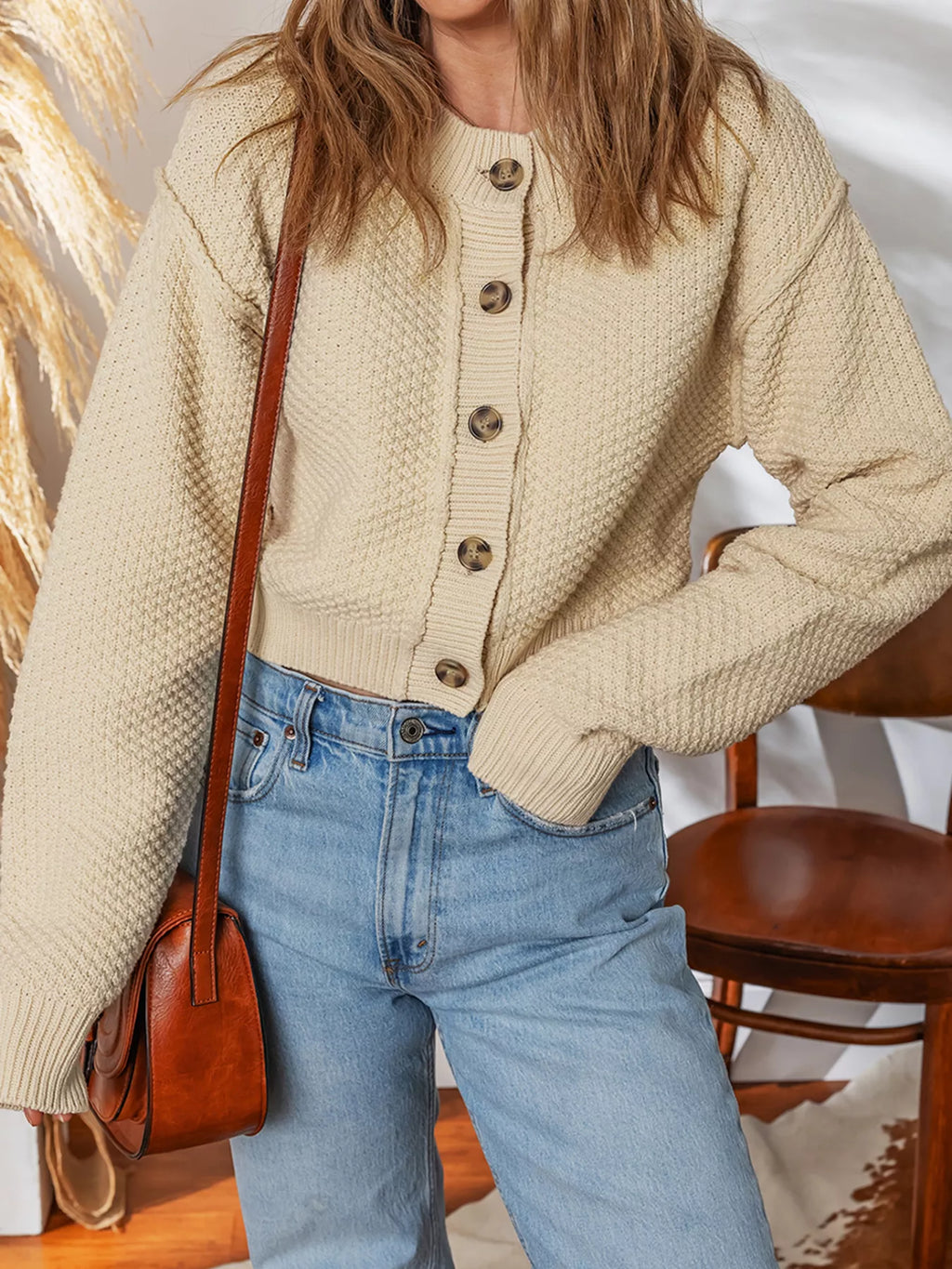 Button Front Cropped Cardigan