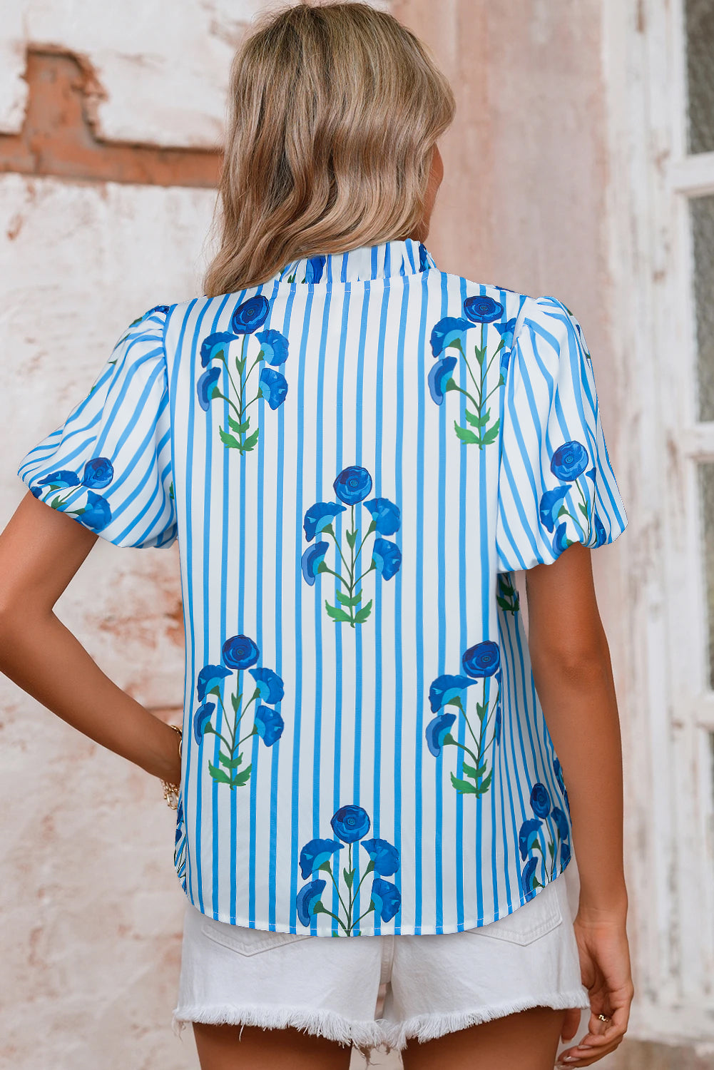 Sky Blue Stripe Floral Buttoned Frilly Notched Neck Puff Sleeve Summer Blouse