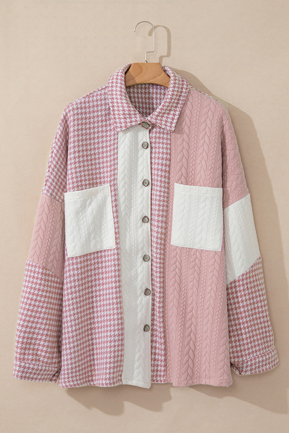 Houndstooth Colorblock Textured Patchwork Shacket