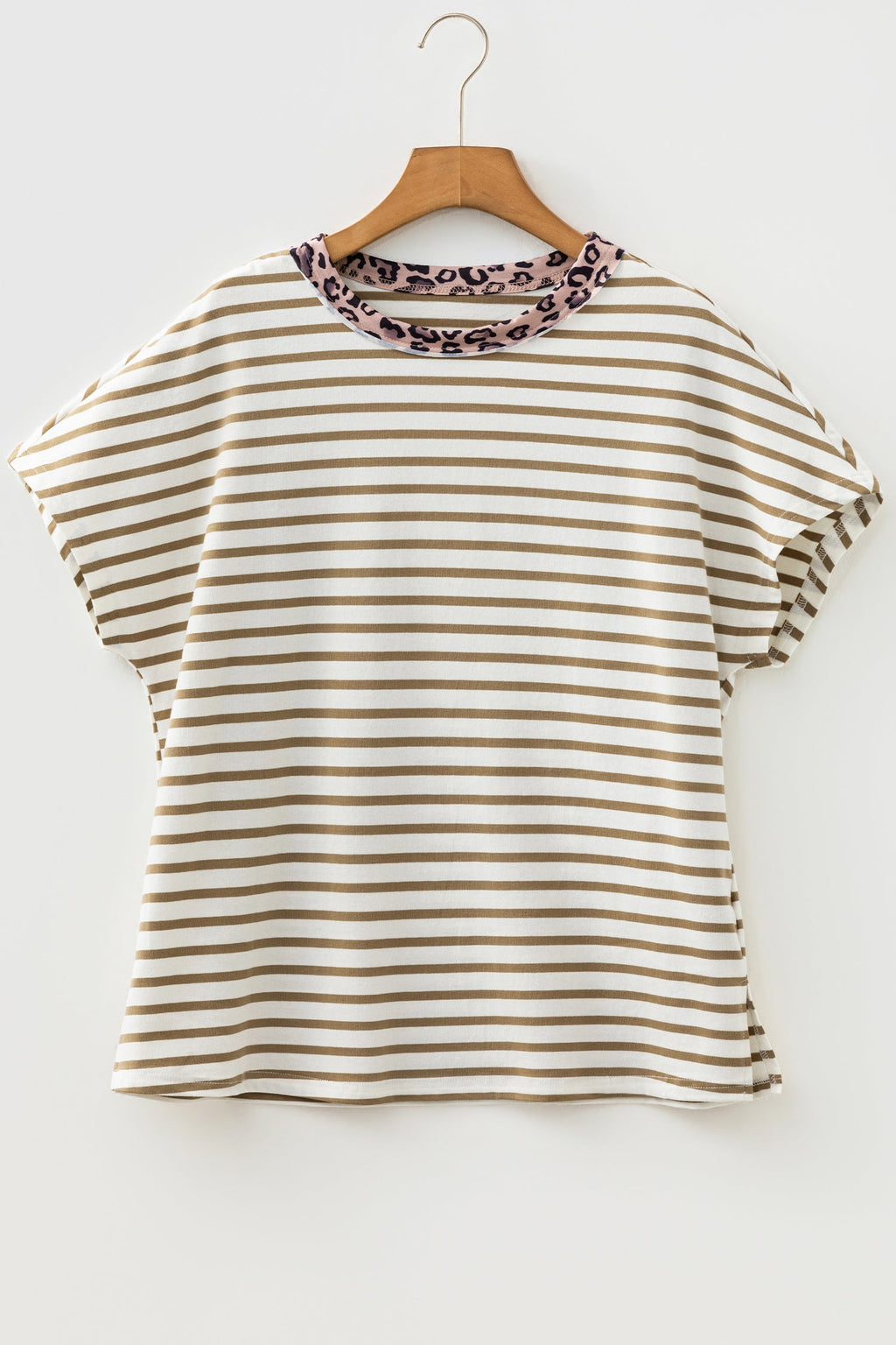 Stripe Leopard Patchwork Round Neck T-Shirt
