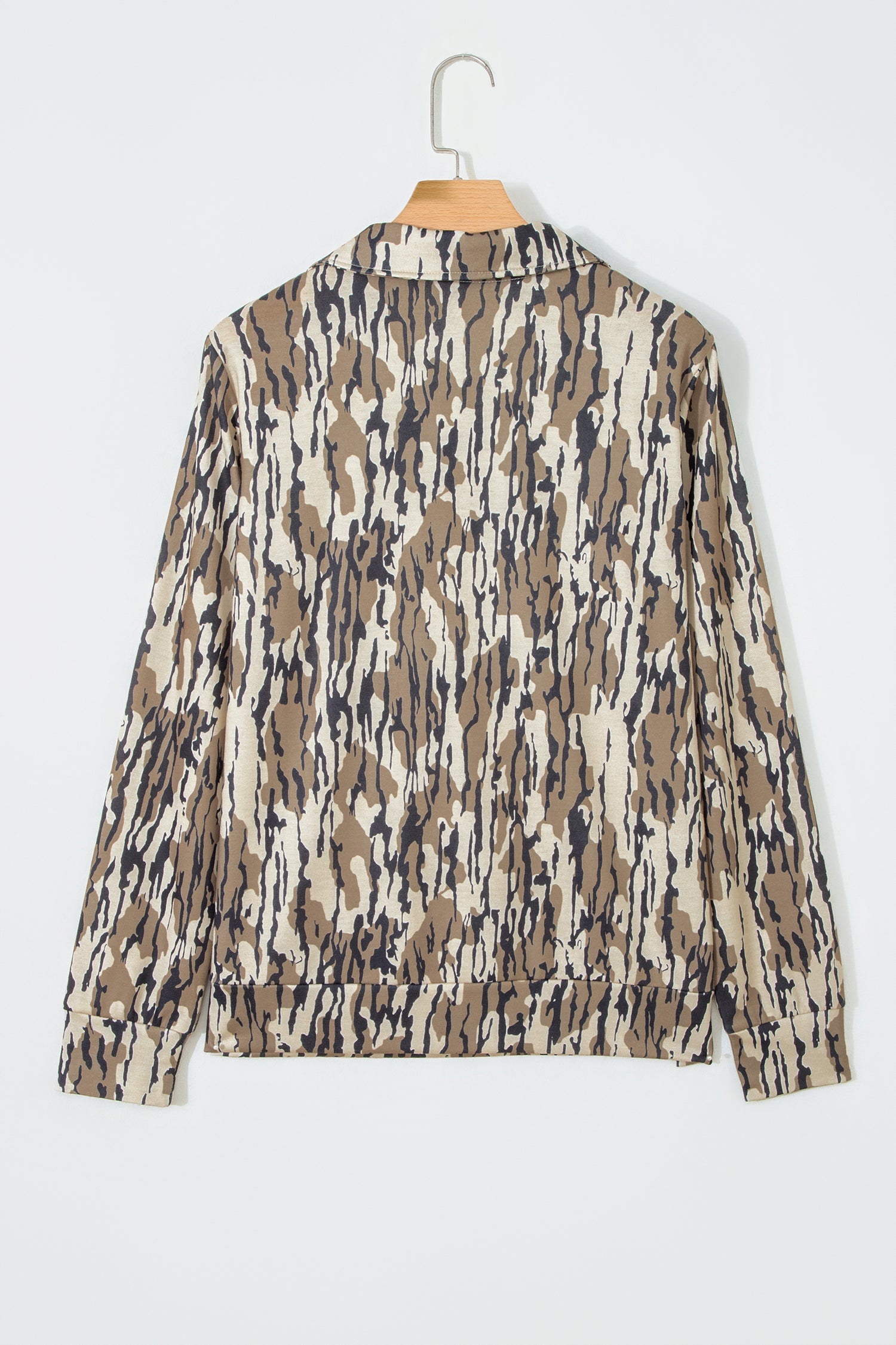 Brown Camouflage Zipper Collar Front Pocket Pullover Sweatshirt