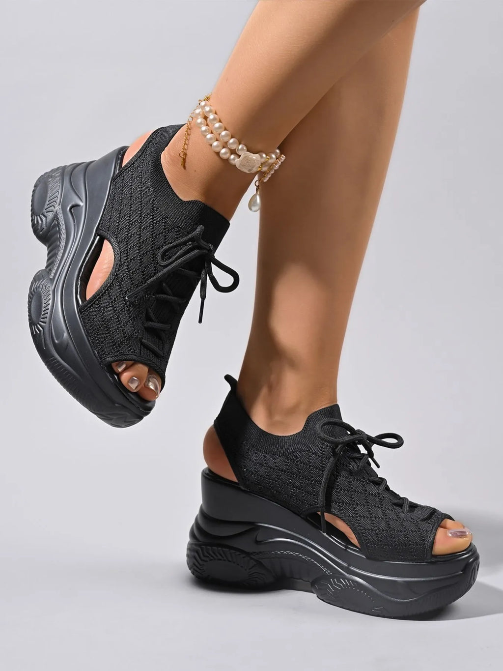 Cutout Lace Up Platform Wedge Sandals