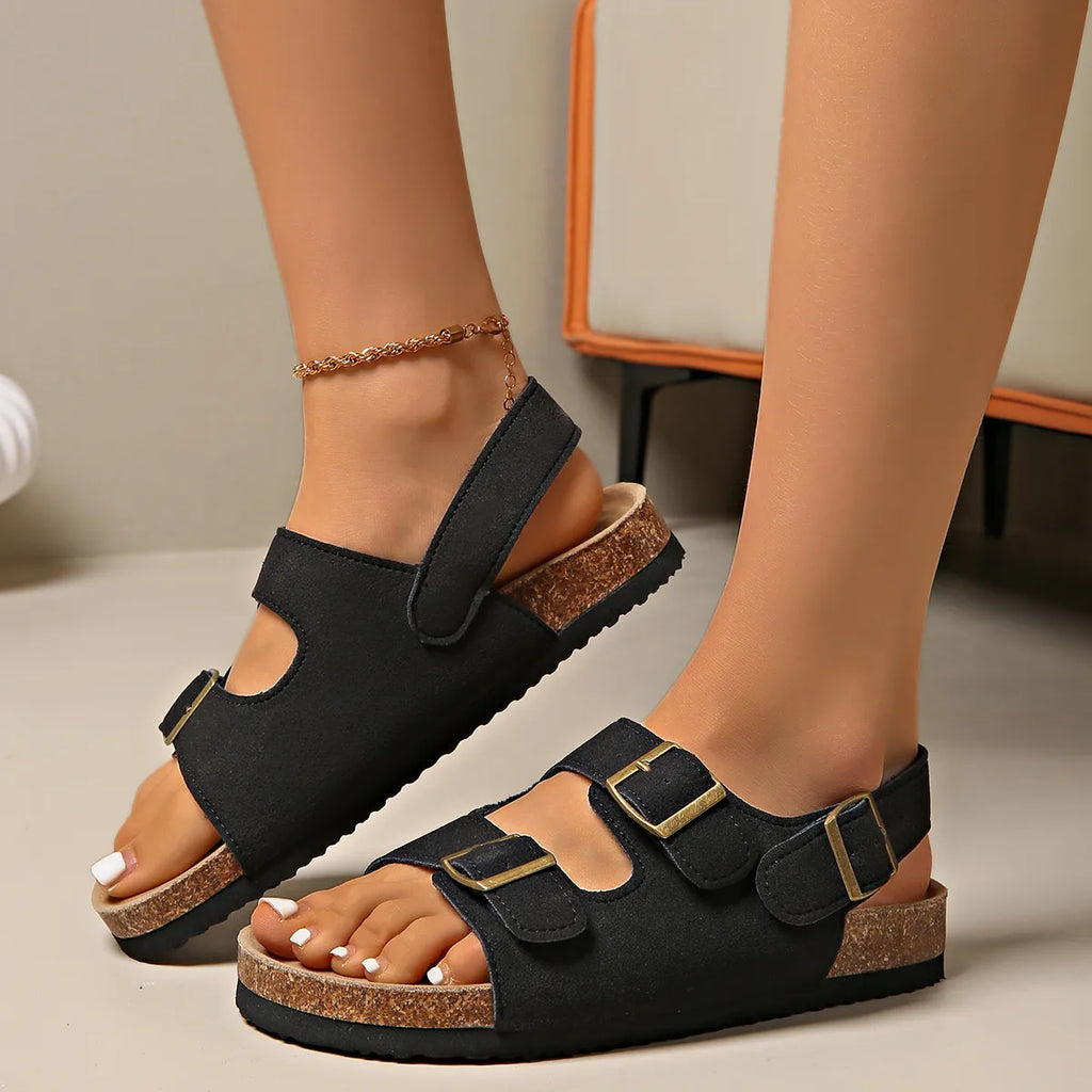 Double Buckle Cork Sole Sandals
