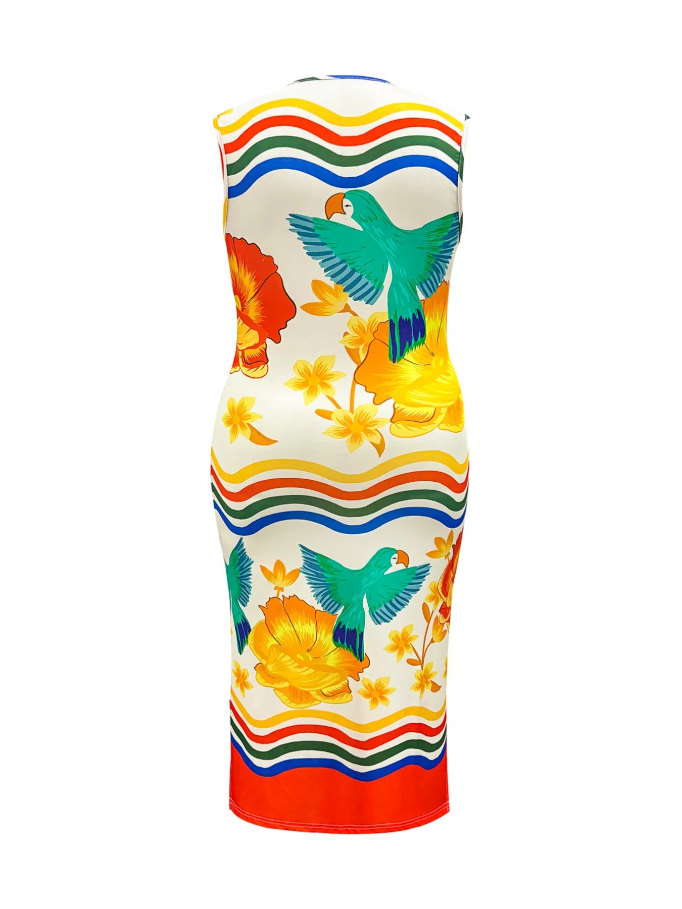 Tropical Parrot Print Sleeveless Midi Dress