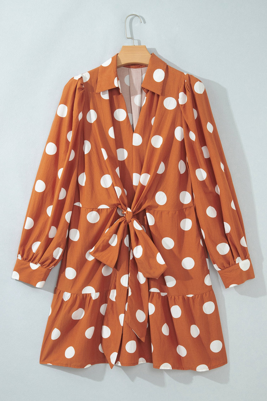 Brown Polka Dot Long Sleeve Tie Waist Casual Shift Mini Dress