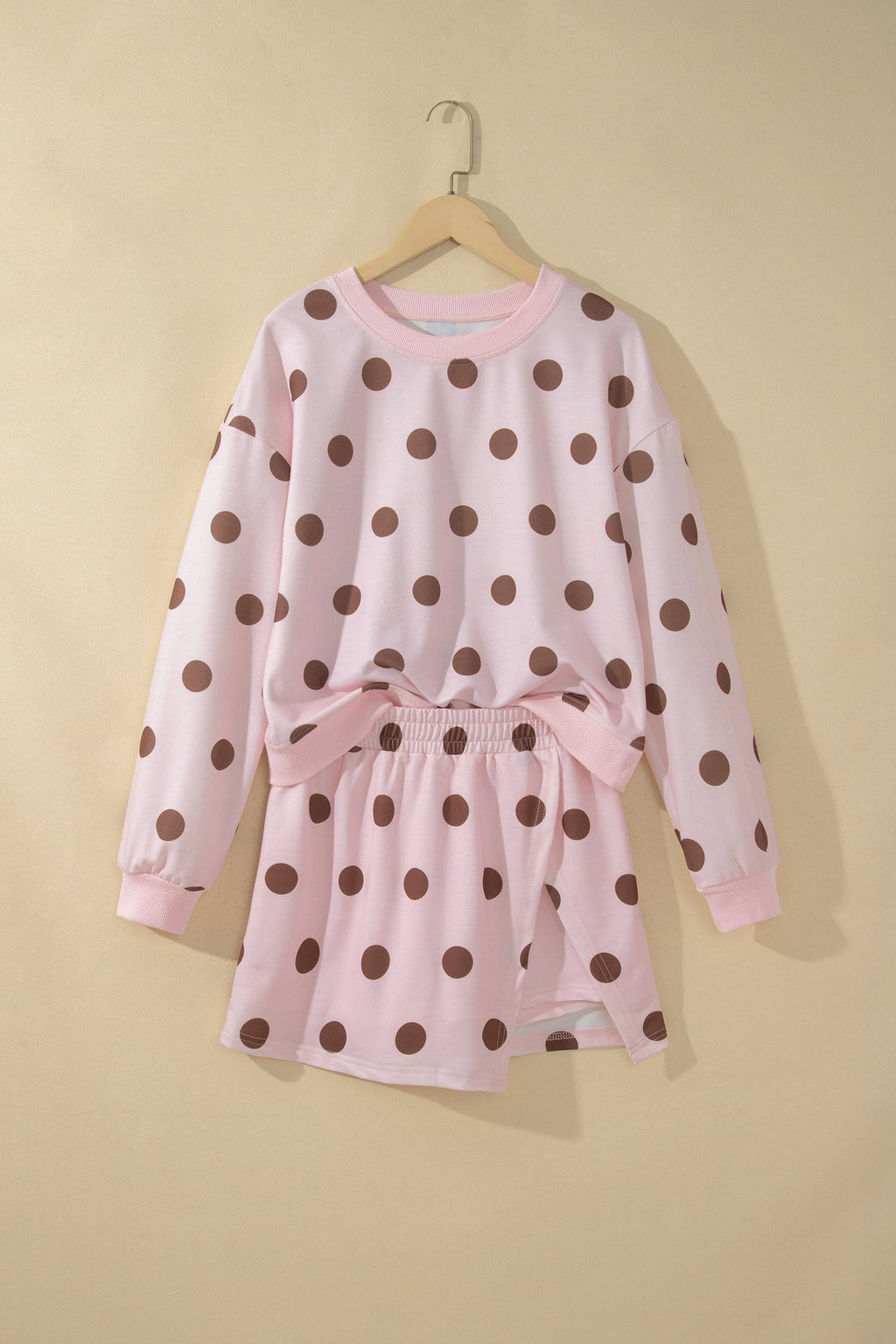 Pink Polka Dot Two Piece Set Long Sleeve Casual Skirt Set