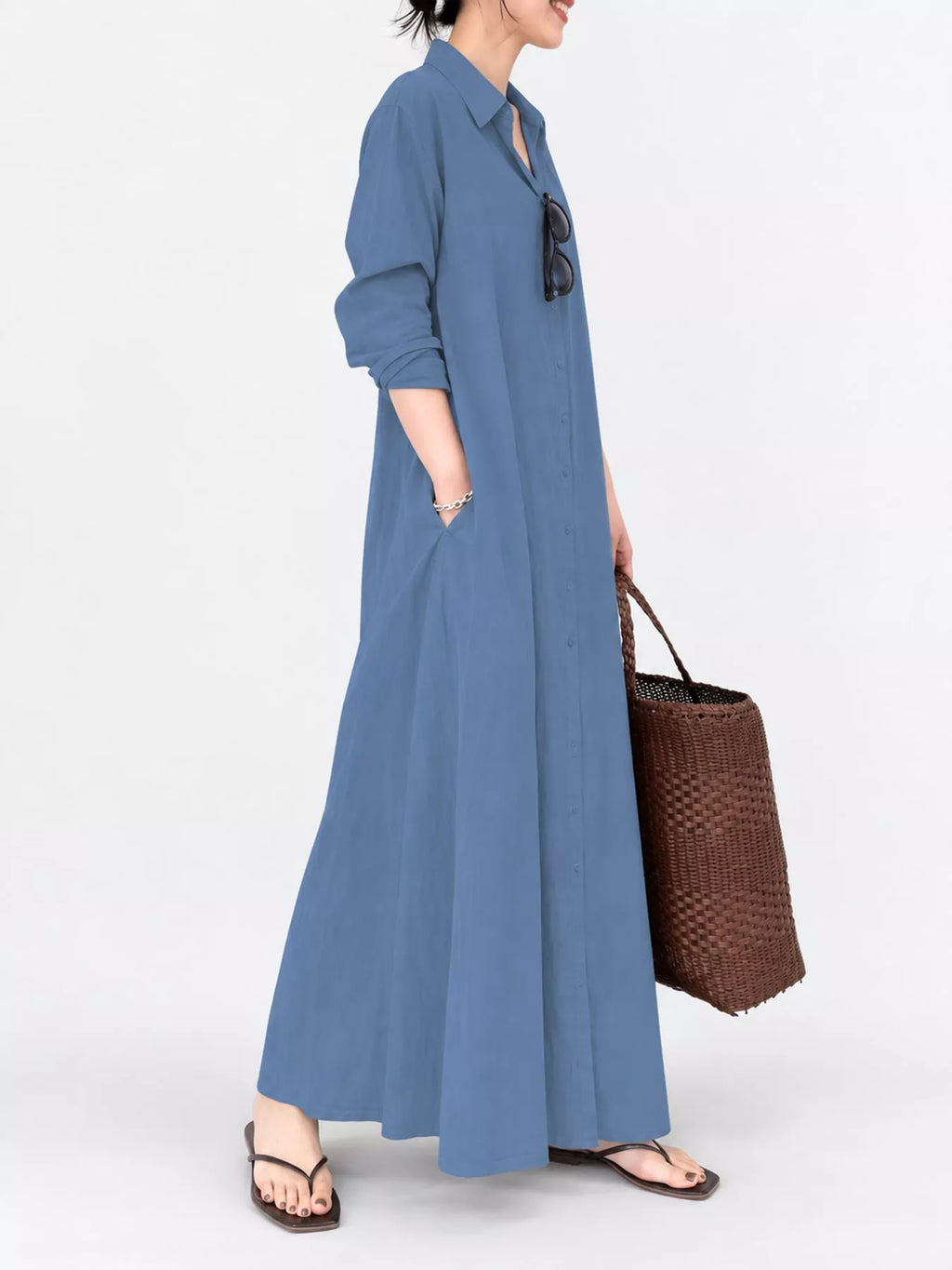 Full Size Button Front Long Sleeve Maxi Shirt Dress Plus Size