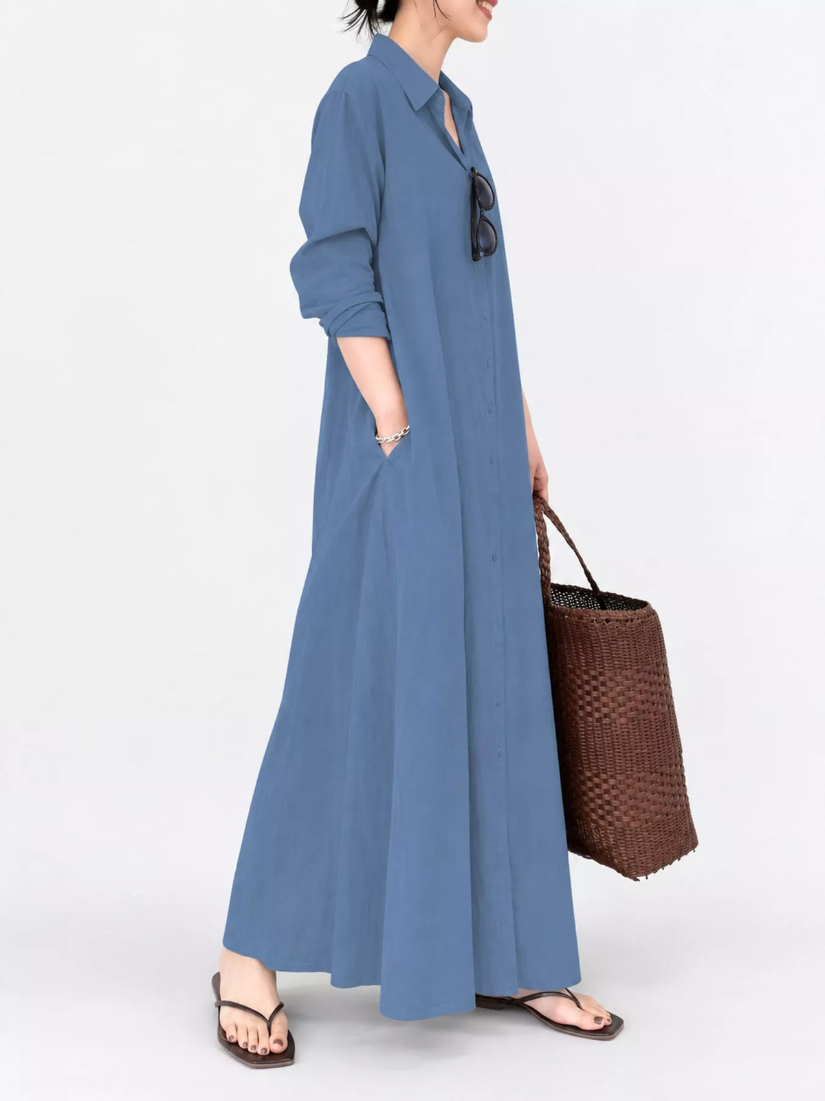 Full Size Button Front Long Sleeve Maxi Shirt Dress Plus Size