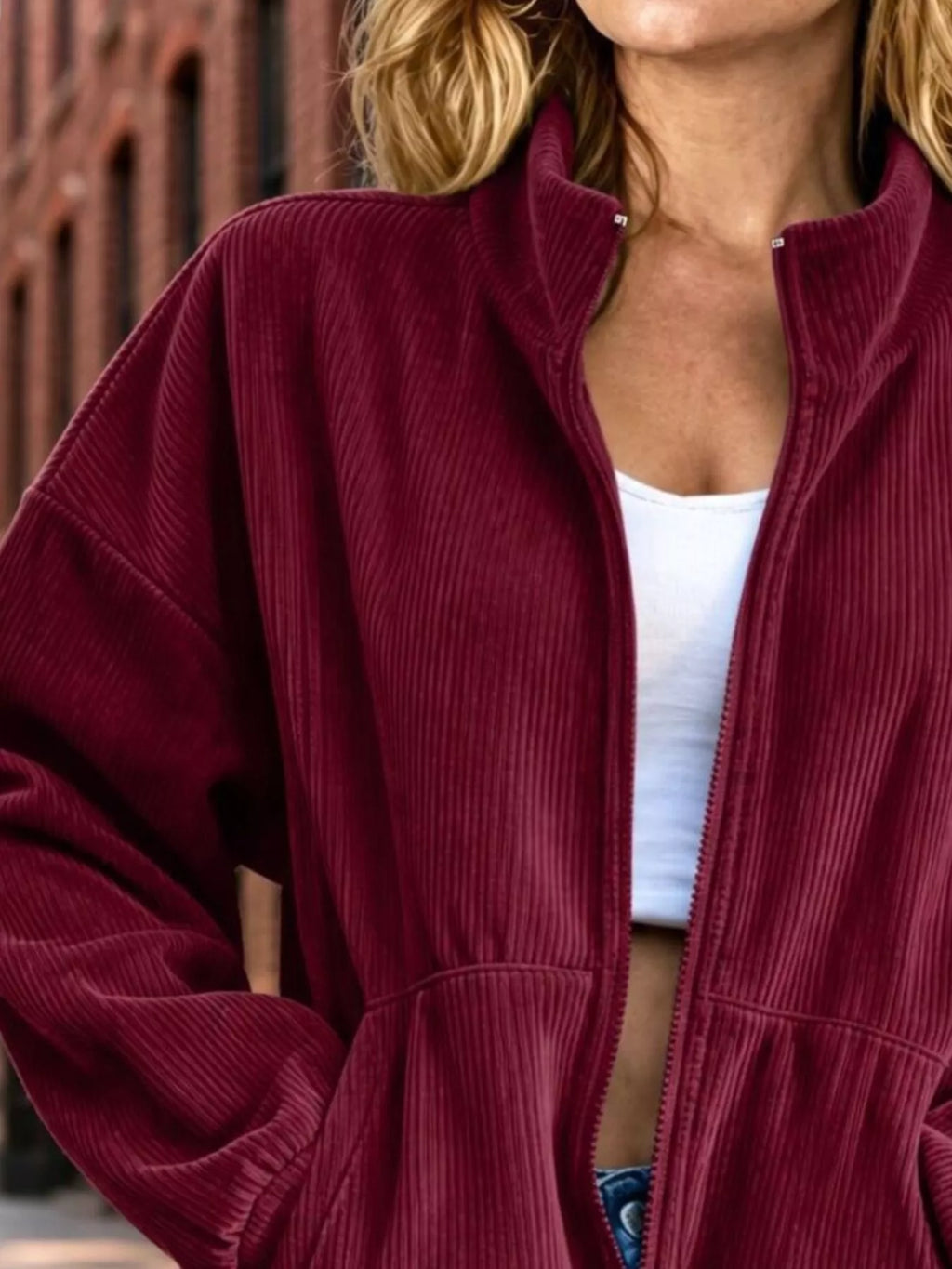 Corduroy Zip-Up Dropped Shoulder Jacket