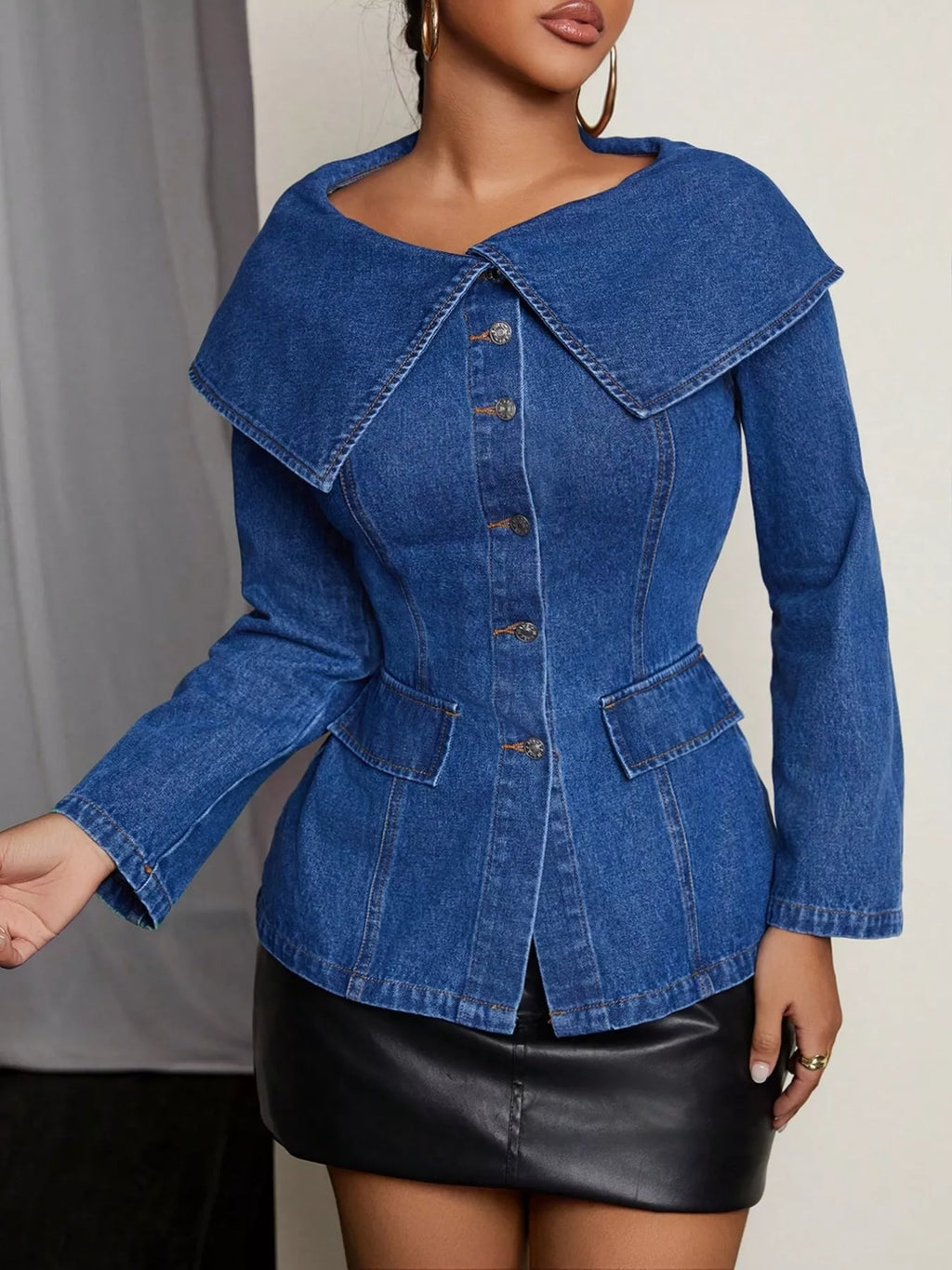 Button-Front Long Sleeve Denim Top
