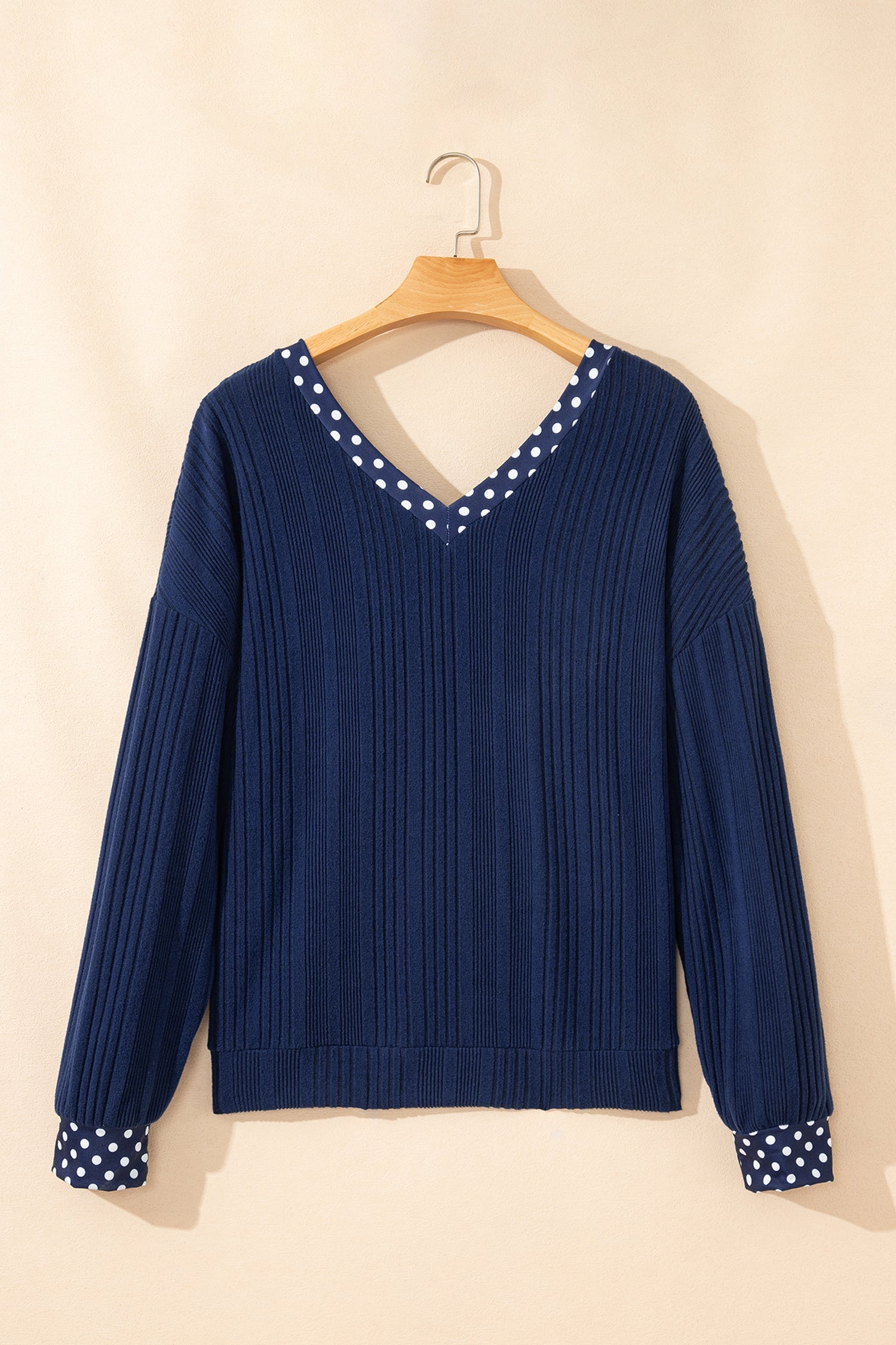 Dirty blue Polka Dot Trimmed V Neck Bow Tie Textured Ribbed Top