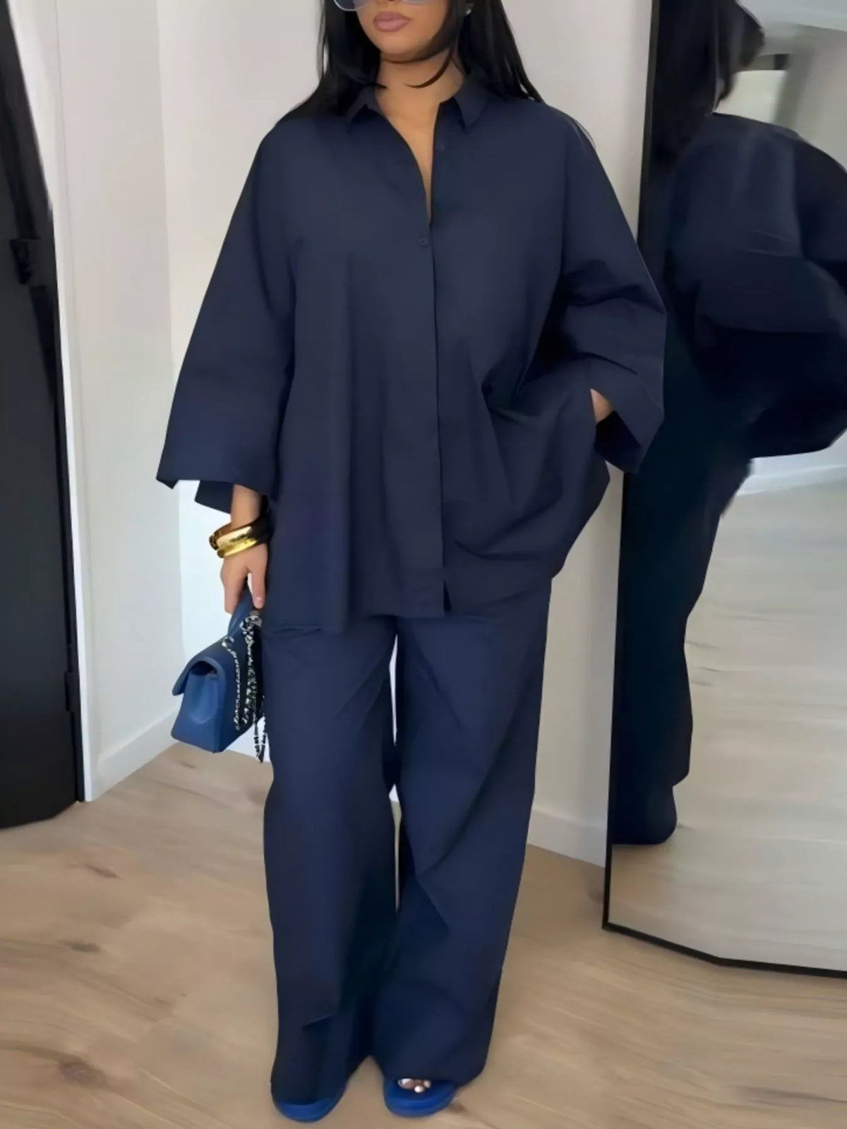 Button-Down Shirt and Wide-Leg Pants Two-Piece Set