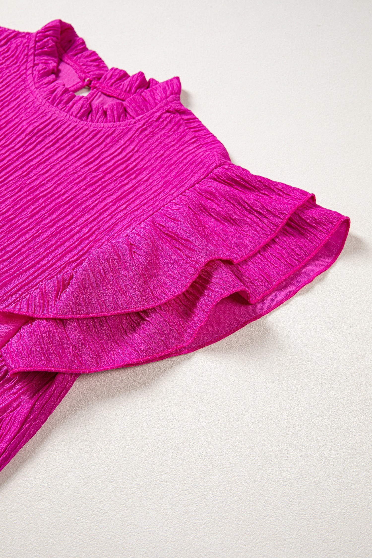 Rose Red Solid Color Textured Ruffle Trim Short Sleeve Blouse