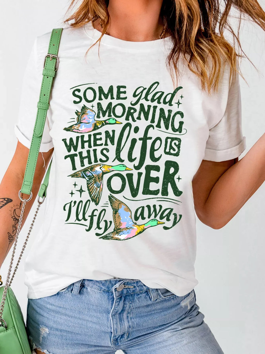 Full Size Slogan Western Flying Mallard Print Relaxed T Shirt Plus Size