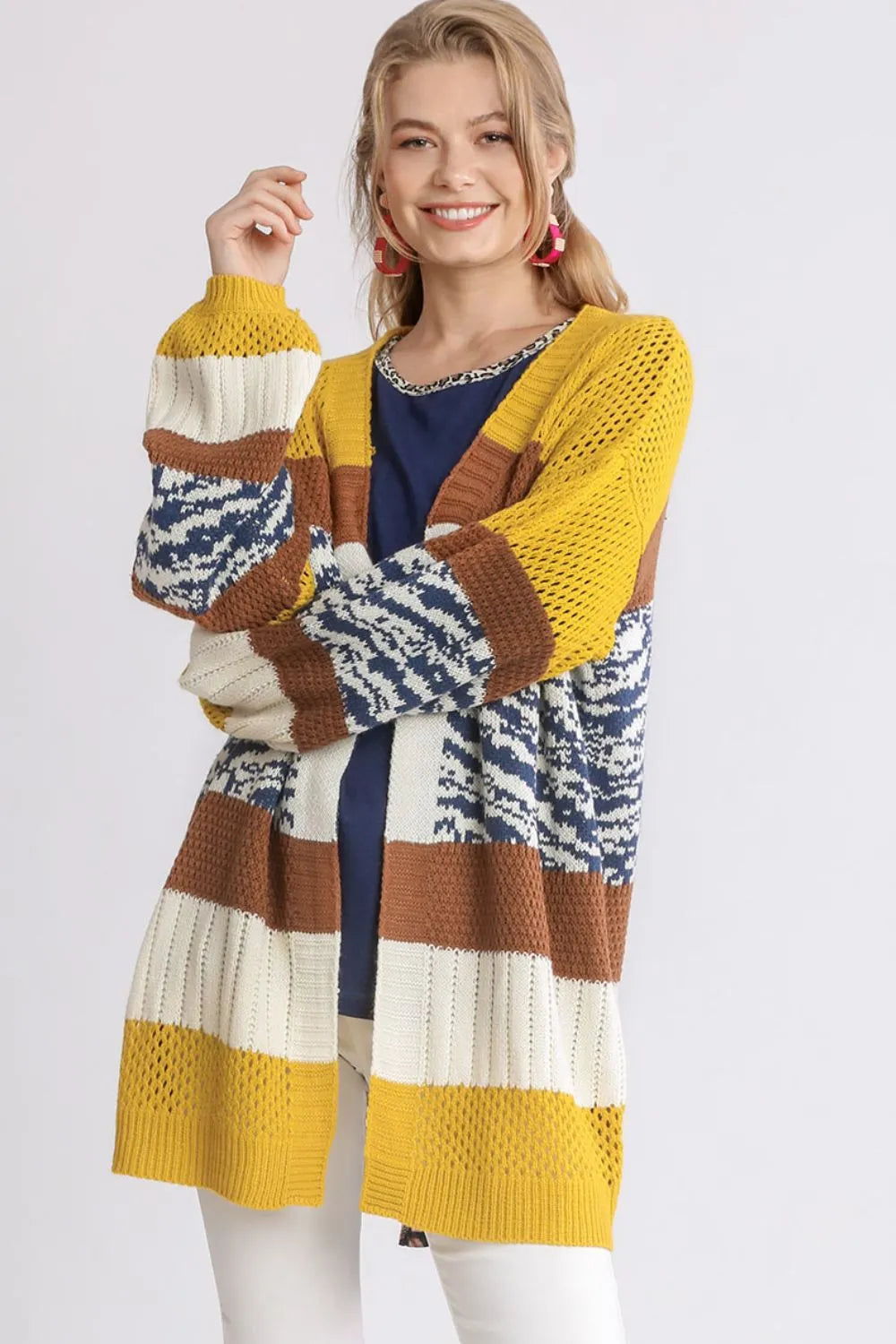 Umgee Full Size Color Block Open Front Longline Cardigan Plus Size