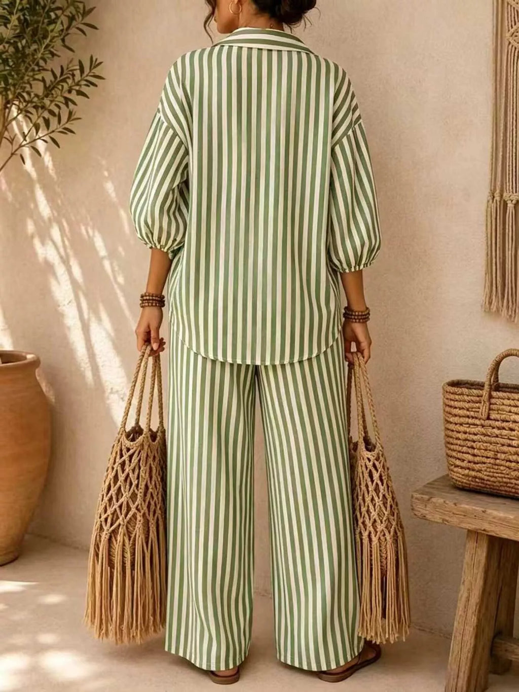 Full Size Striped Puff Sleeve Shirt and Wide-Leg Drawstring Pants Set Plus Size