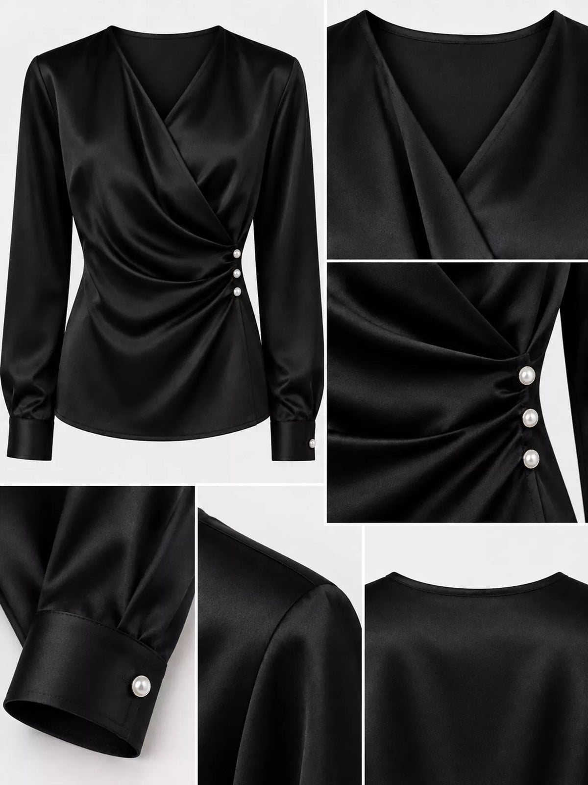 Satin Surplice Long Sleeve Blouse