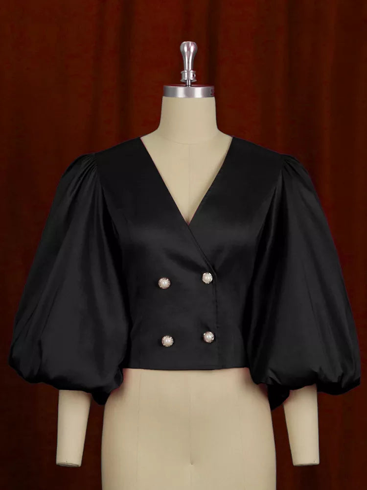 Full Size Double-Breasted Puff Sleeve Blouse Plus Size