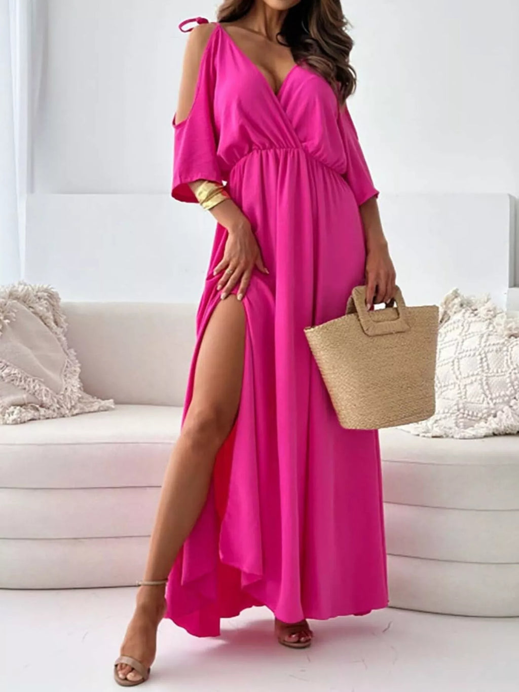 Slit Cold Shoulder Maxi Dress