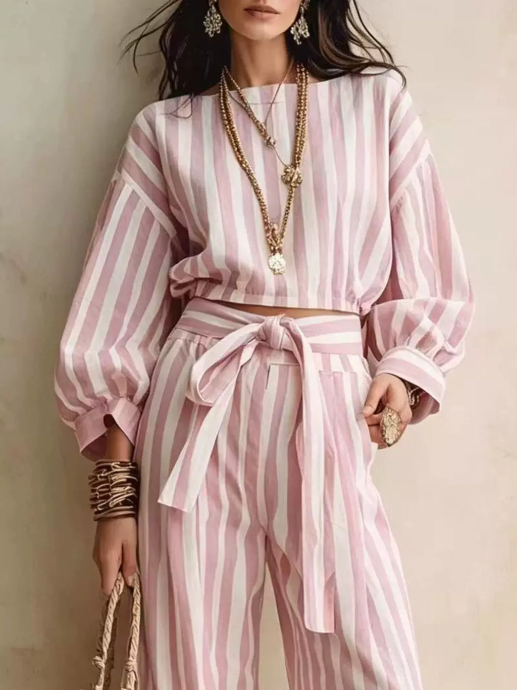 Striped Long Sleeve Top and Pants Two-Piece Set