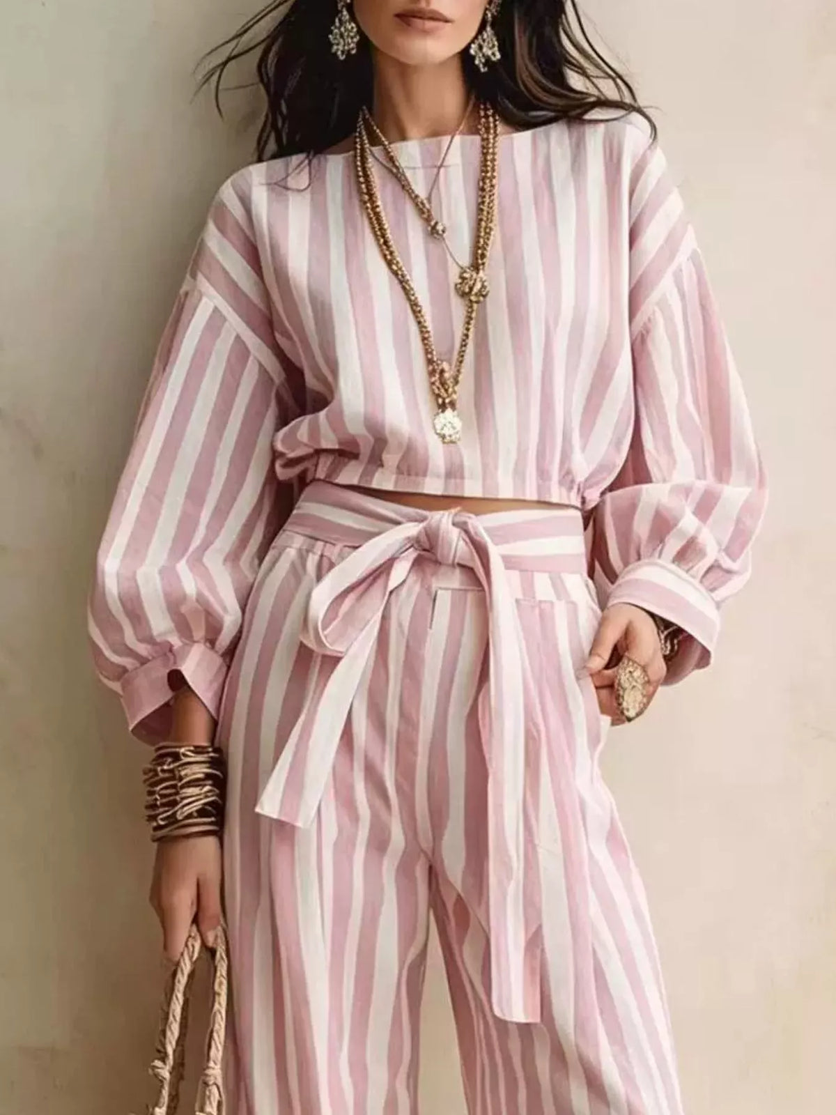 Striped Long Sleeve Top and Pants Two-Piece Set