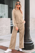 Oatmeal Varsity Striped Detail Crewneck Pullover Elastic Sweatpants 2pcs Outfit