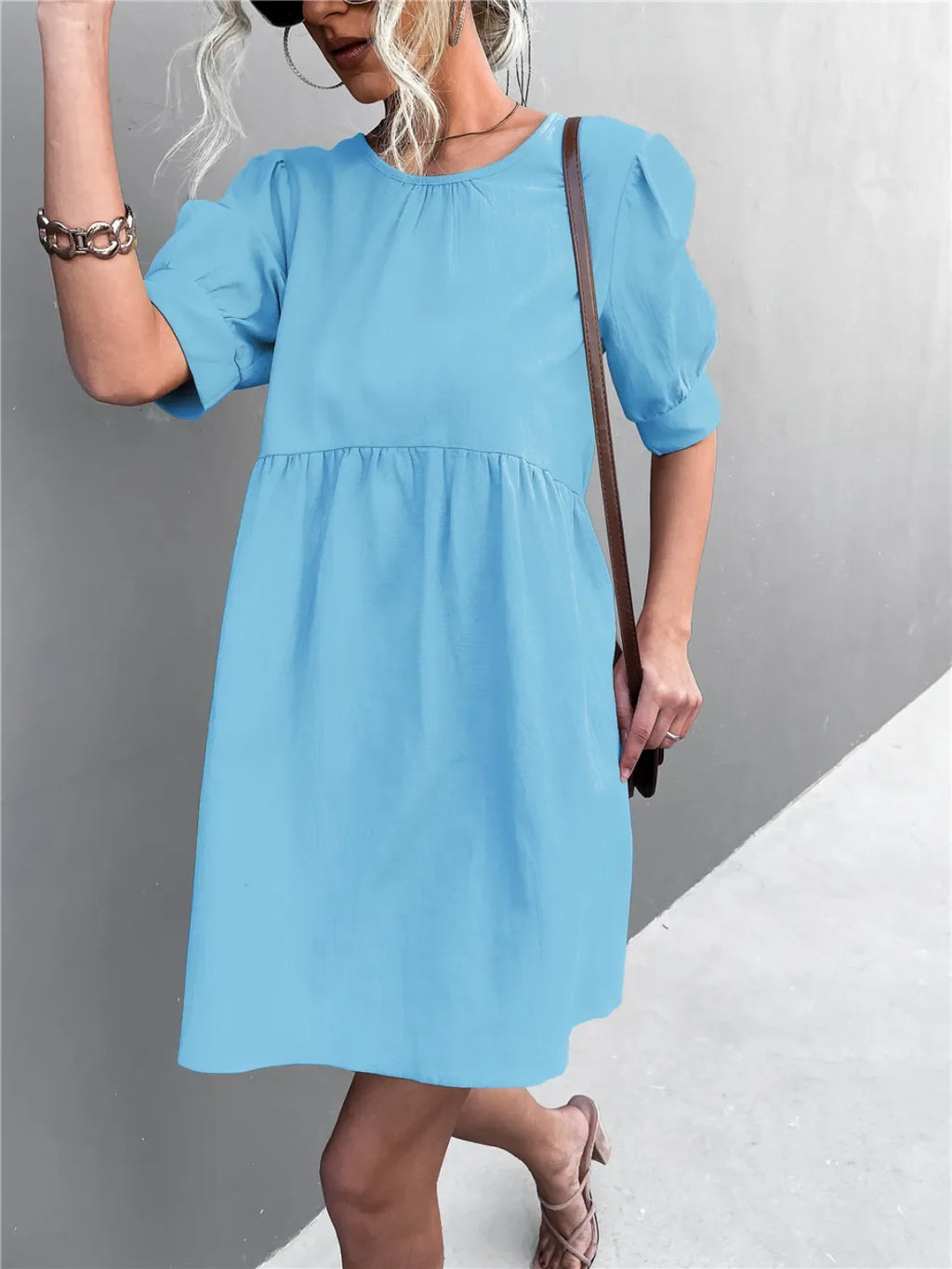 Round Neck Puff Sleeve Mini Dress