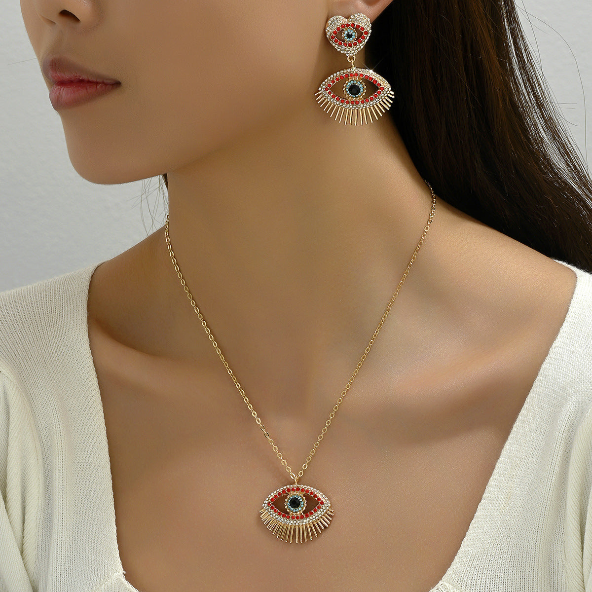 European And American Fashion Hip Hop Style Women Necklace Personalized Love Devil's Eye Niche Design Earrings Long Chain