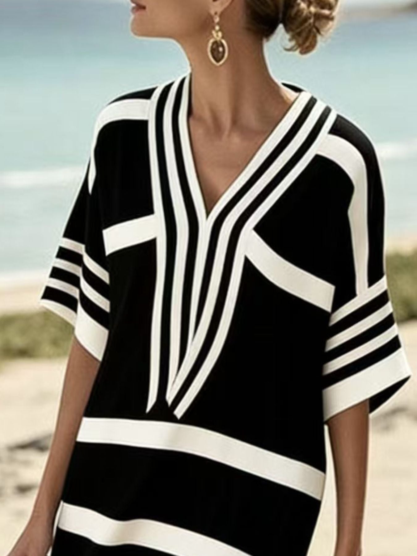 Striped Half Sleeve Midi Dress