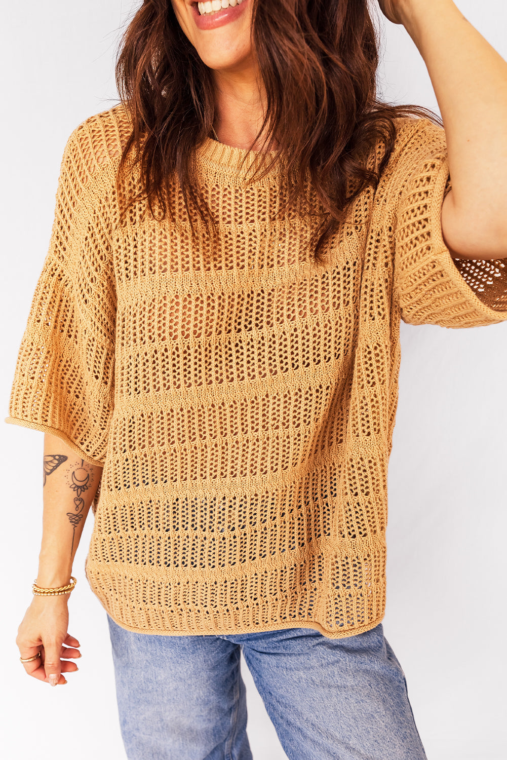 Hollow-Out Openwork Knit 3/4 Sleeve Sweater