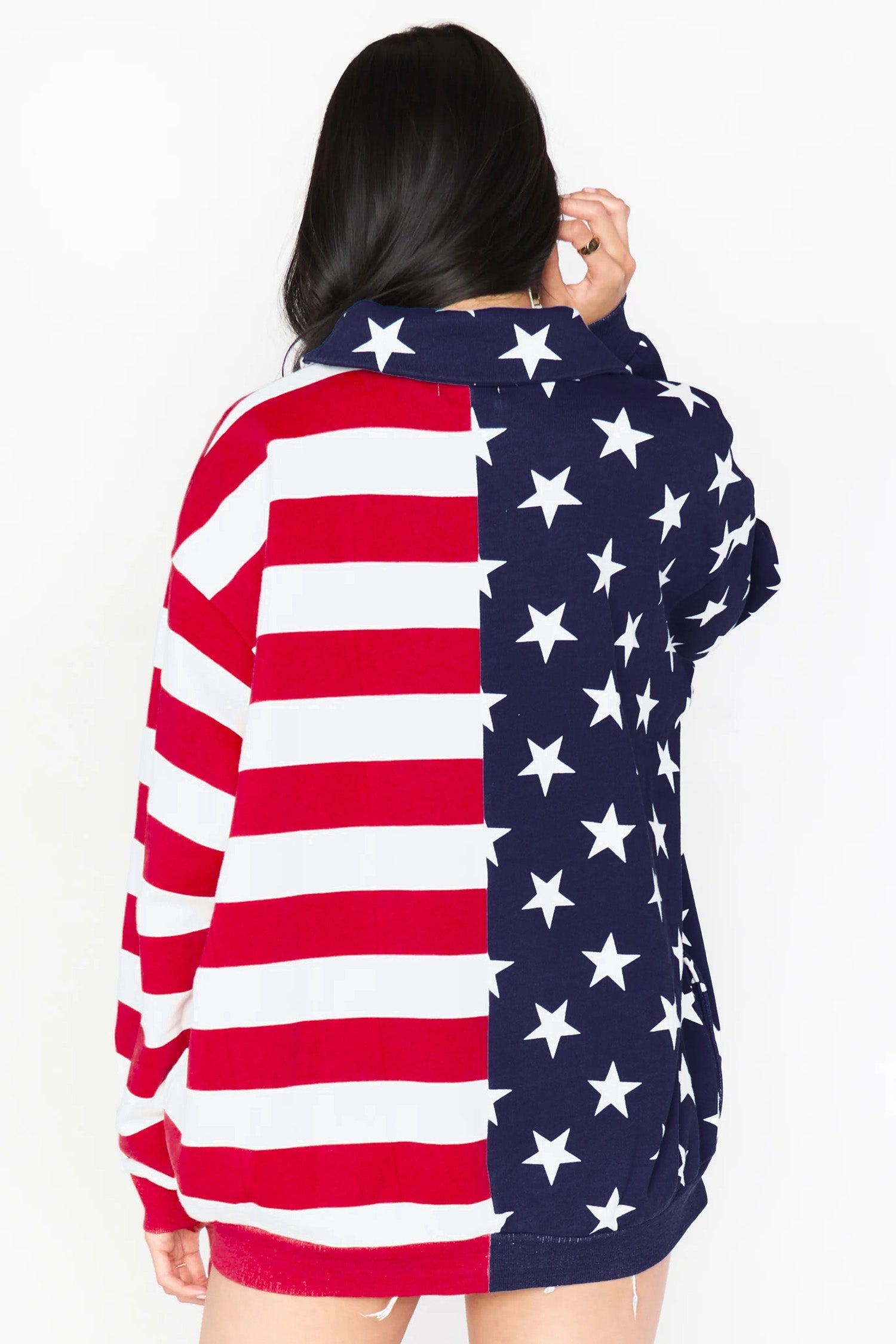 Multicolour Stars Stripes American Flag Zipped Collar Oversized Sweatshirt